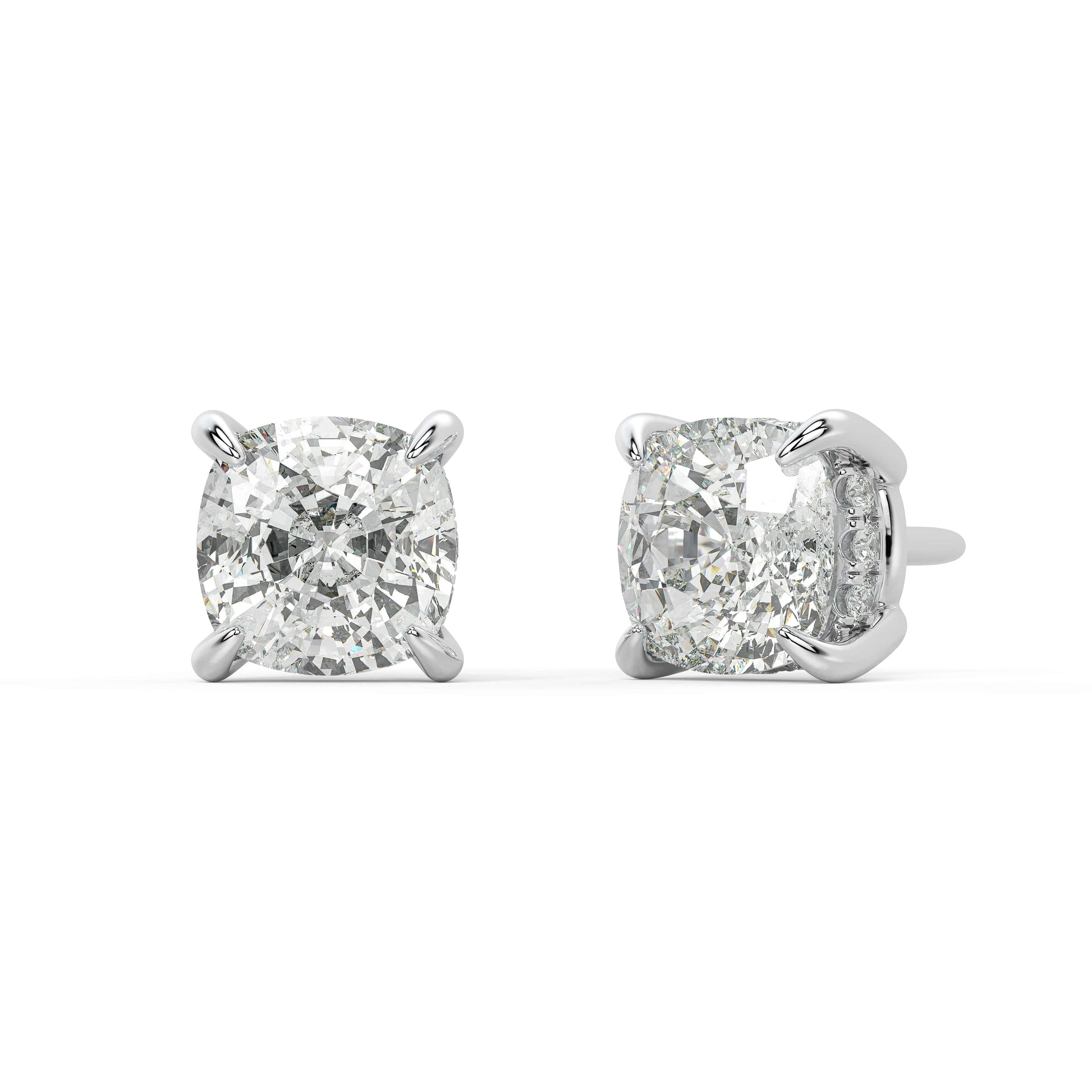 Angled perspective of white gold lab-grown diamond asscher earrings with sparkling geometric square stone, pair displayed, elegant bridal diamond studs