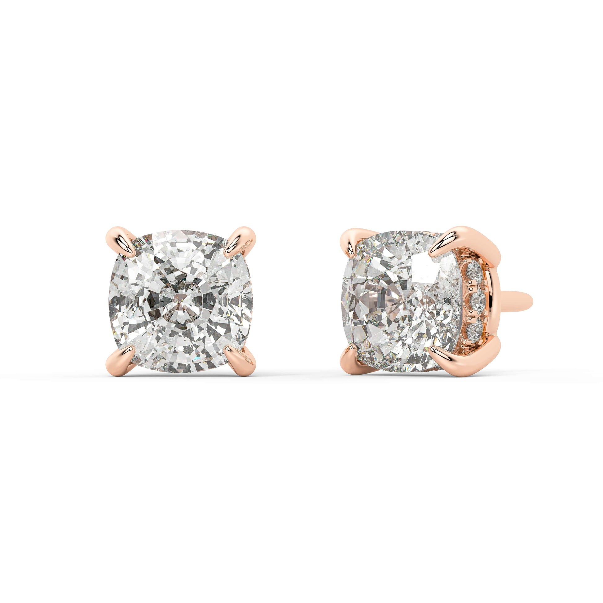 Angled shot of rose gold lab-grown diamond asscher earrings with cropped-corner square brilliant, pair illustrated, trendy luxury diamond studs