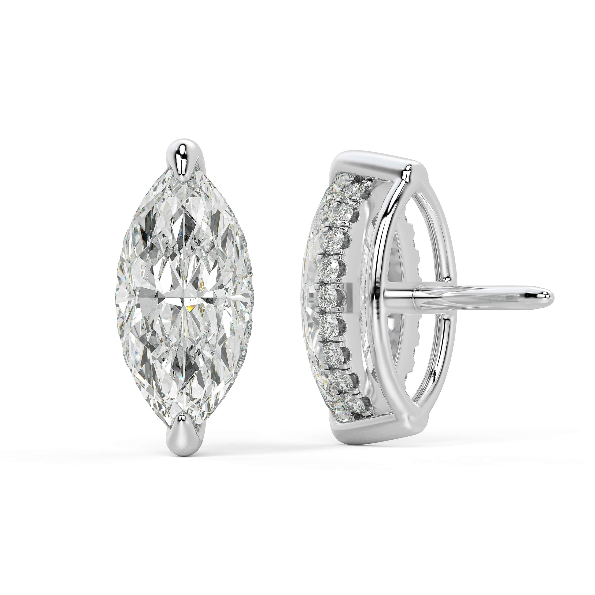 Rear view of white gold Marquise Hidden Halo earring highlighting secure backs and zero emissions production.