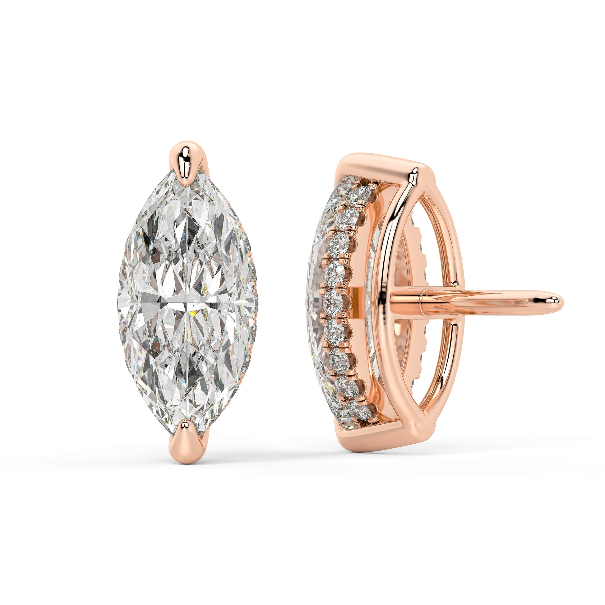 Backside of rose gold Marquise Hidden Halo earring with double notch backs offering effortless comfort and eco conscious craft.