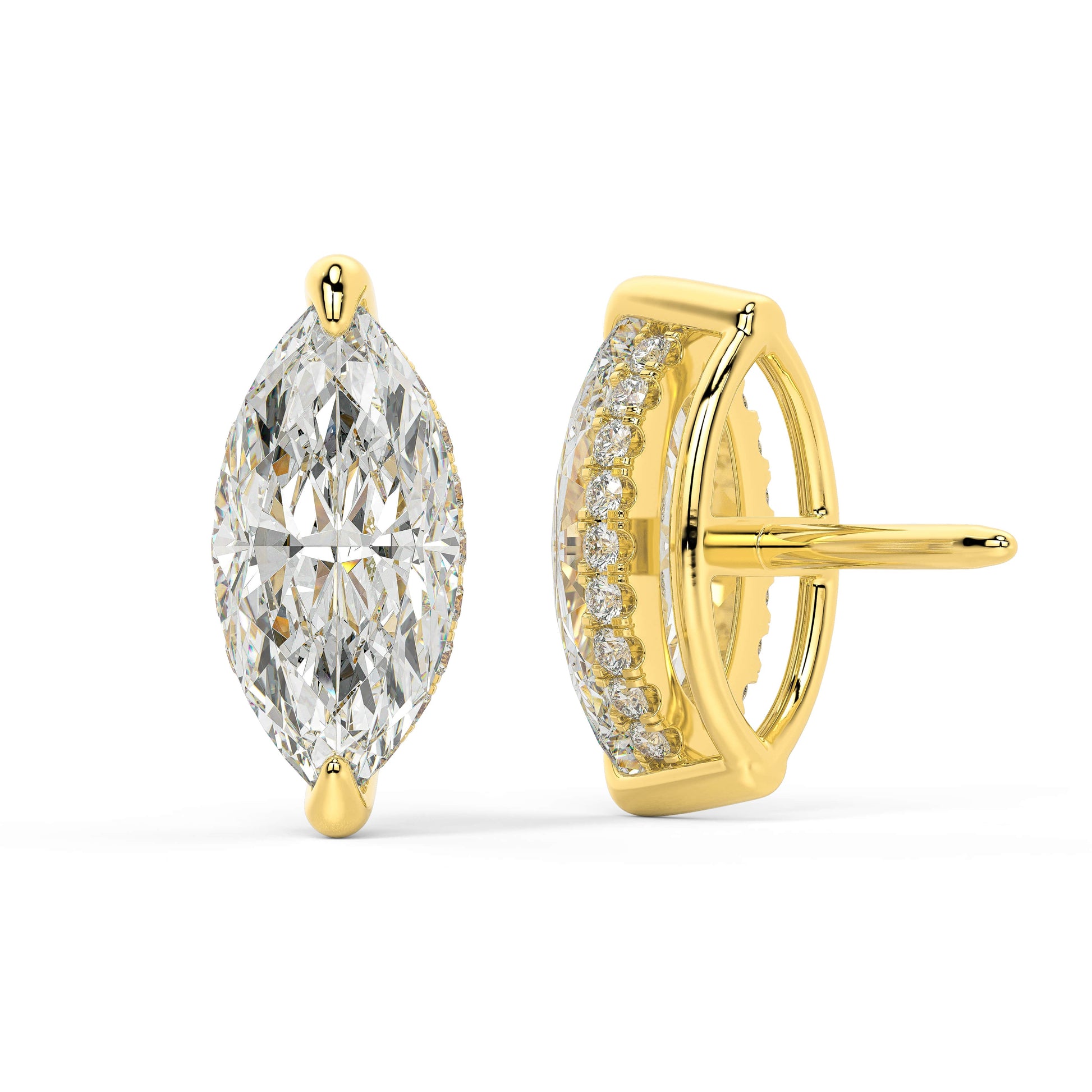 Back view of yellow gold Marquise Hidden Halo earring with double notch butterfly backs ensuring secure hold for this sustainable piece.