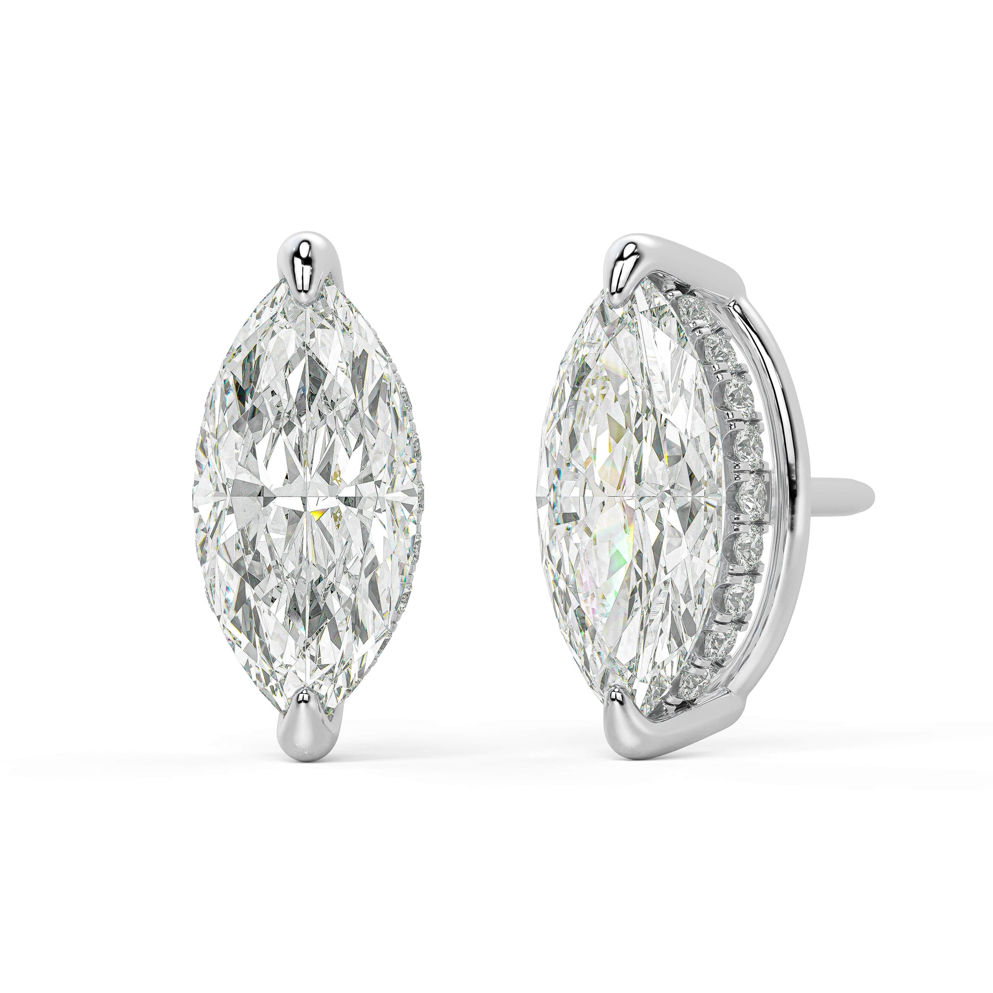 Angled front of white gold Marquise Hidden Halo earrings showing clean prong setting and hidden ring of diamonds for superior clarity.