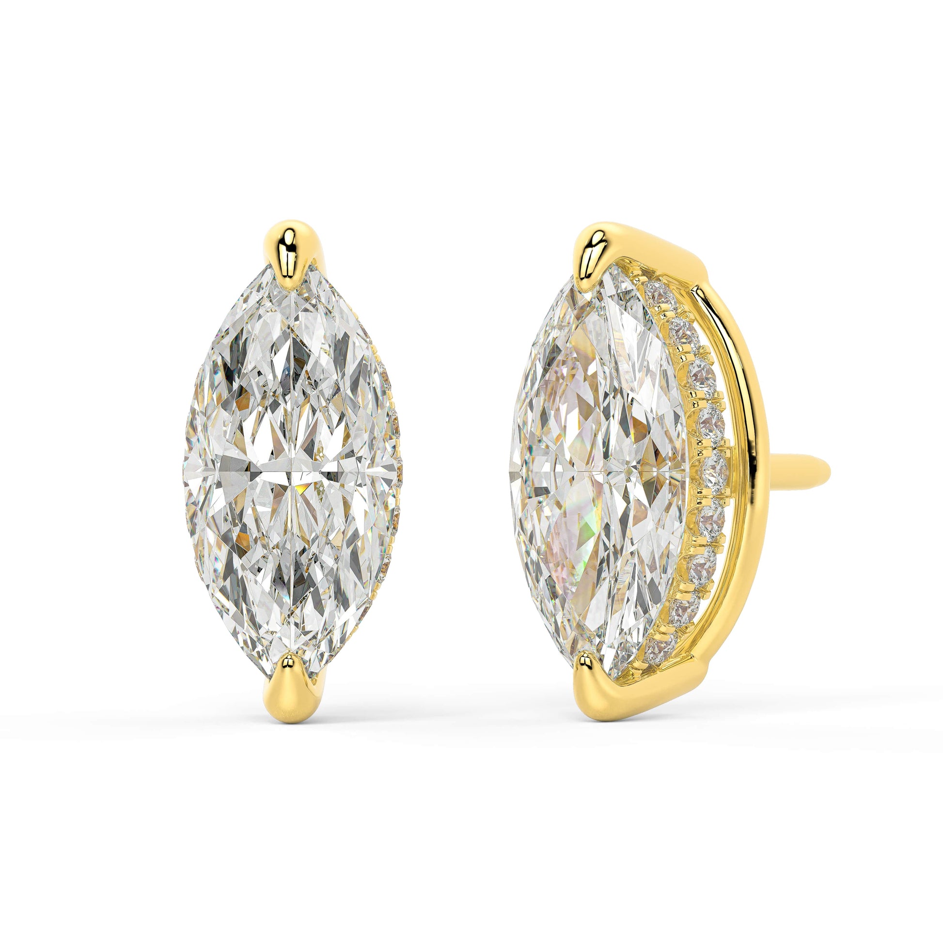 Angled view of yellow gold Marquise Hidden Halo earrings revealing prong setting and secret diamond circle adding glow from all perspectives.
