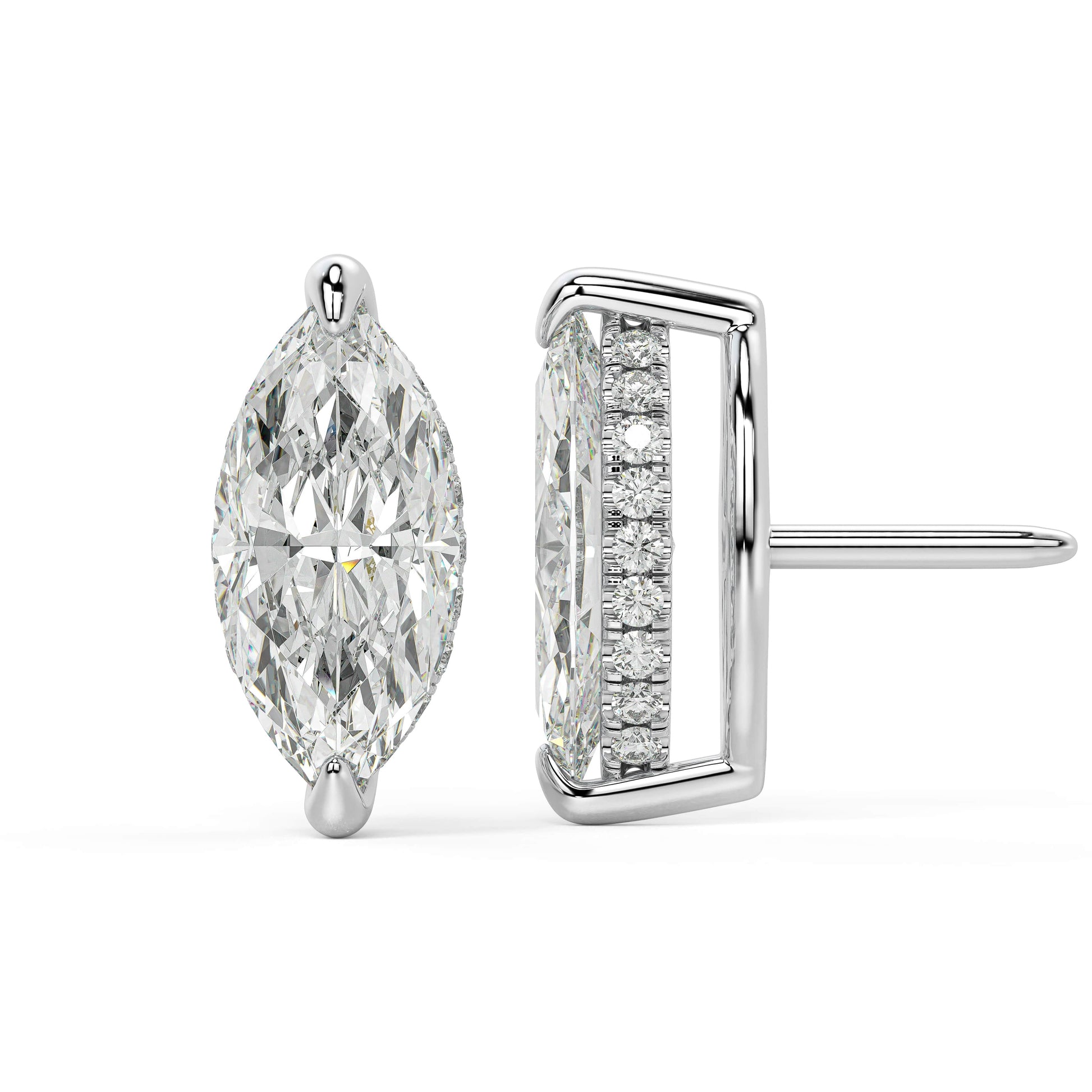 Side shot of white gold Marquise Hidden Halo stud illustrating post and radiance details for hypoallergenic light wear.