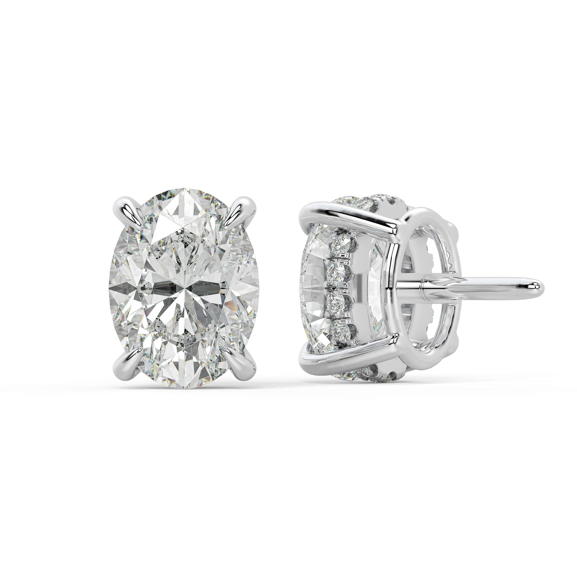Rear view of white gold Oval Hidden Halo earring highlighting solid closures and superior DEF color for easy everyday allergy free use.