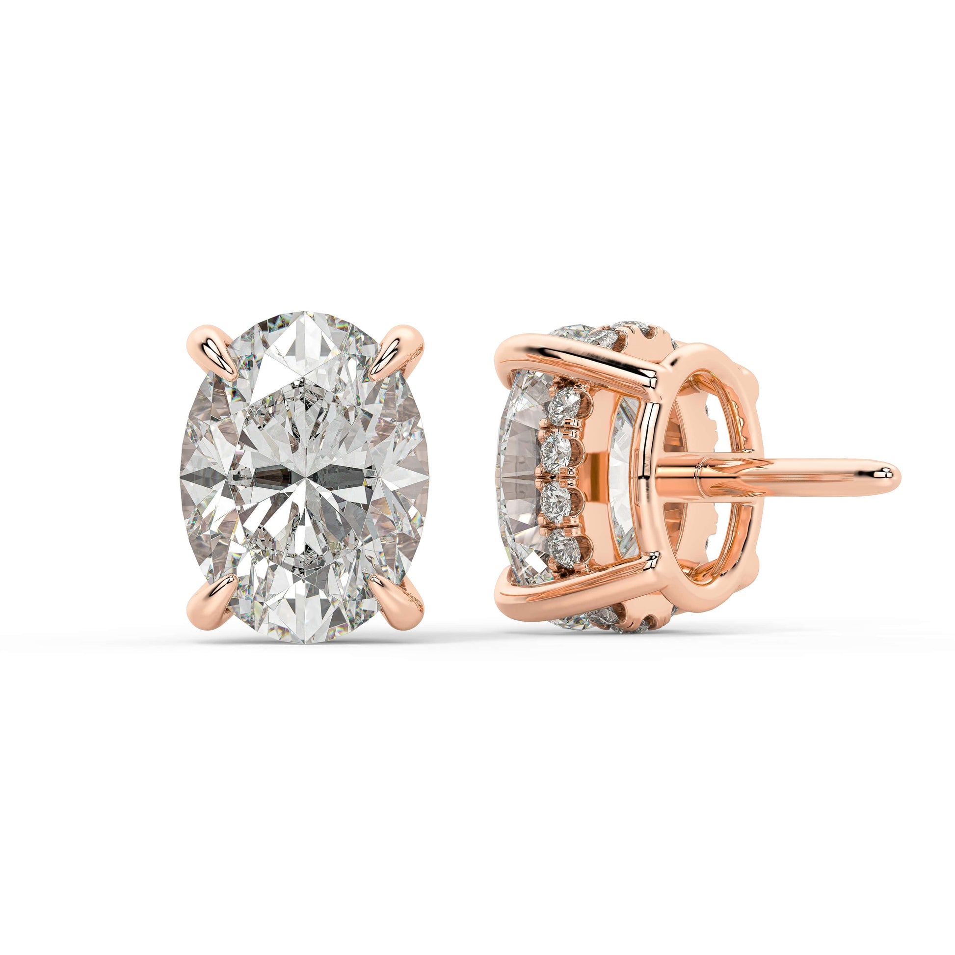 Backside of rose gold Oval Hidden Halo earring with double notch backs offering balanced natural elegance and earth friendly premium quality.