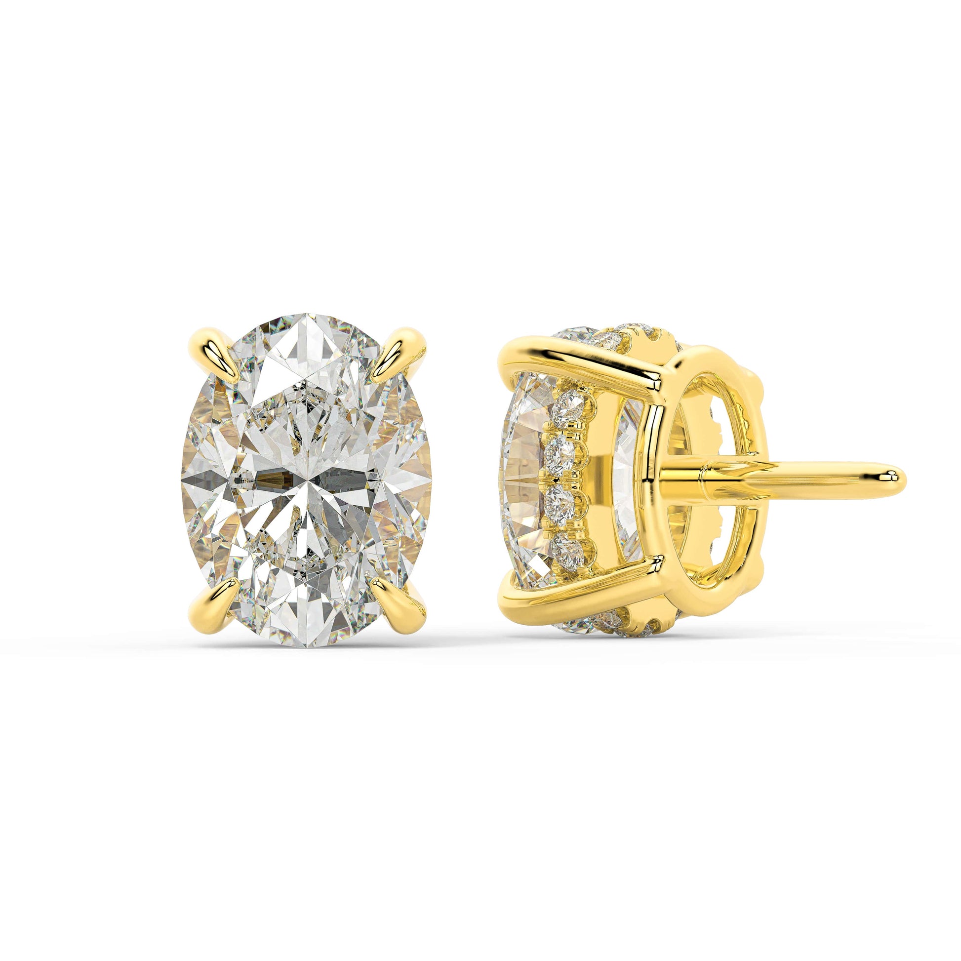 Back view of yellow gold Oval Hidden Halo earring with double notch butterfly backs ensuring solid secure fit for style that grows more cherished daily.
