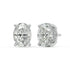 Angled front of white gold Oval Hidden Halo earrings showing straightforward four prong and hidden diamonds for earth friendly methods with elite VS plus clarity.