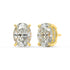 Angled view of yellow gold Oval Hidden Halo earrings revealing four prong frame and hidden band of diamonds sparking from all directions for green premium superior sparkle.