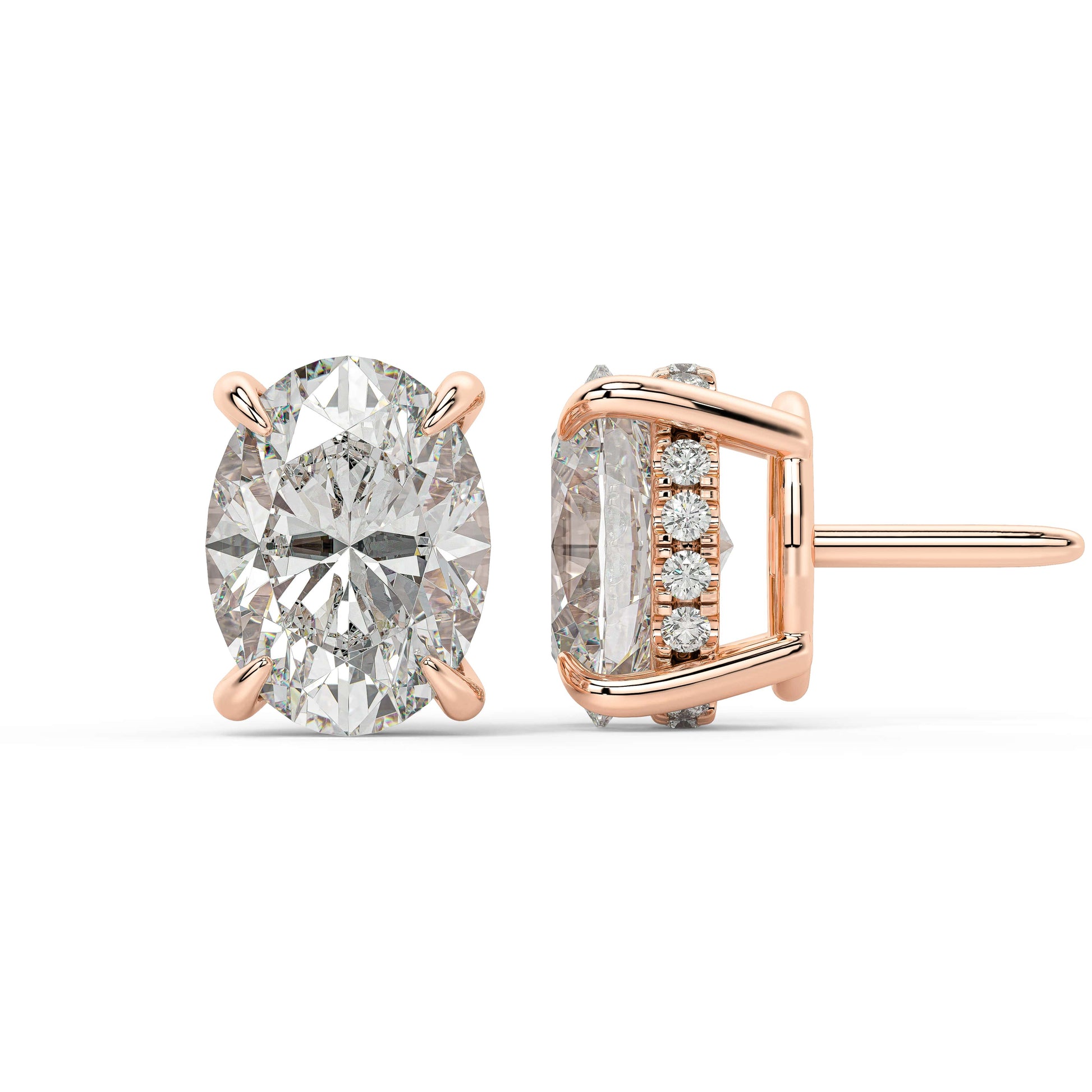 Profile view of rose gold Oval Hidden Halo stud showing post thickness and concealed shine for firm backs and all day allergy free comfort.