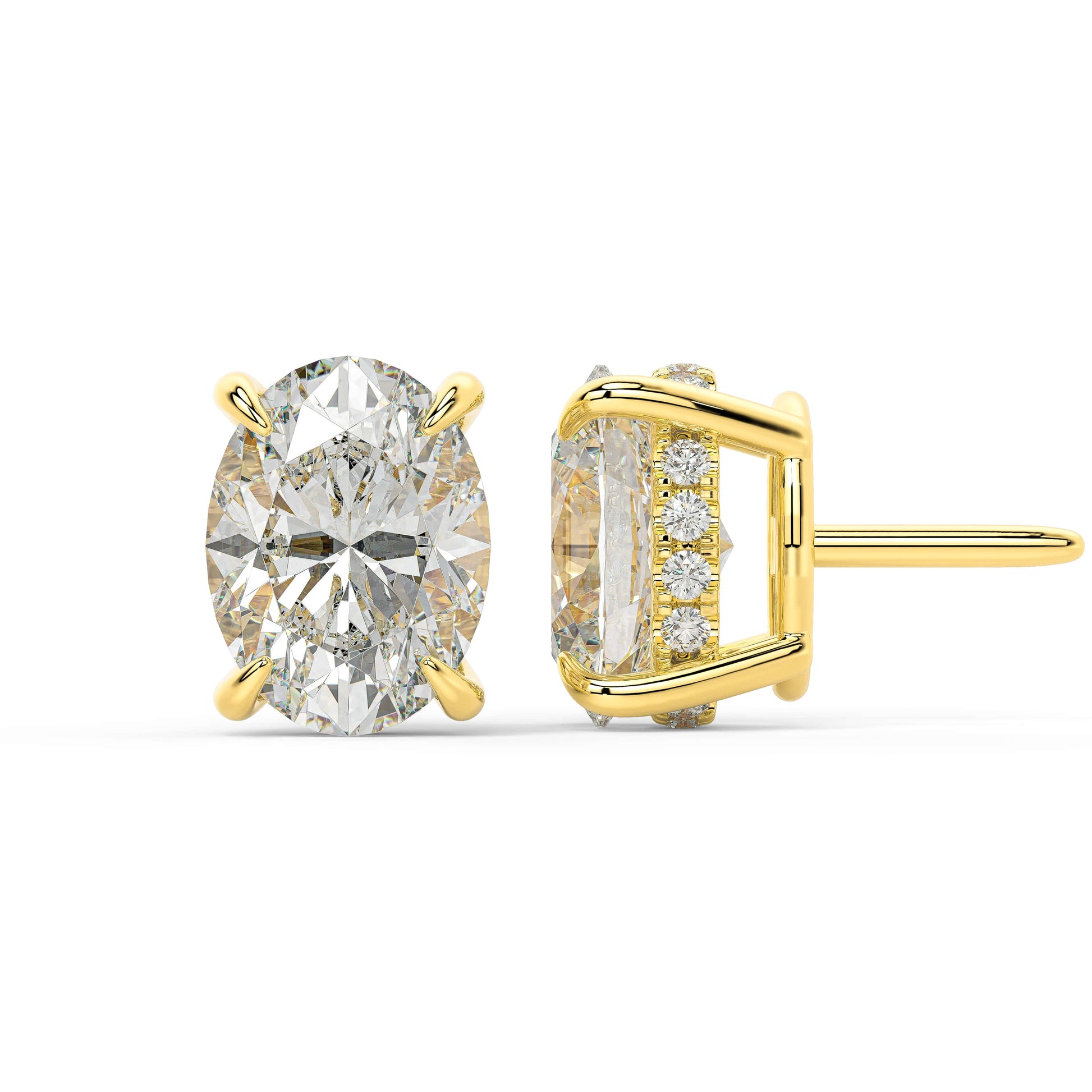 Side profile of yellow gold Oval Hidden Halo stud displaying post length and concealed shine for allergy safe feather light easy everyday use without fuss.