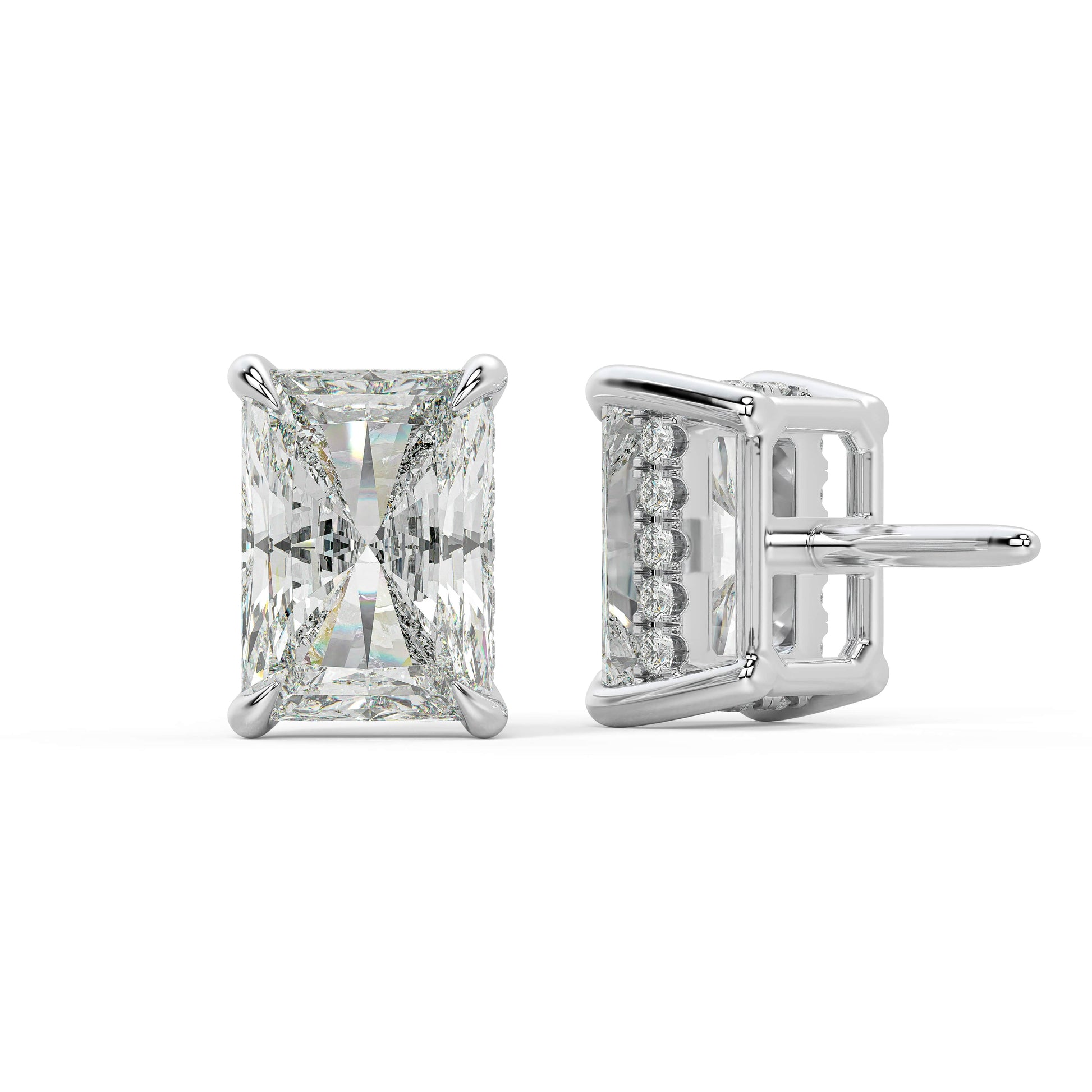 Back view of white gold Radiant Hidden Halo earring highlighting double notch backs for reliable all day ease and security.
