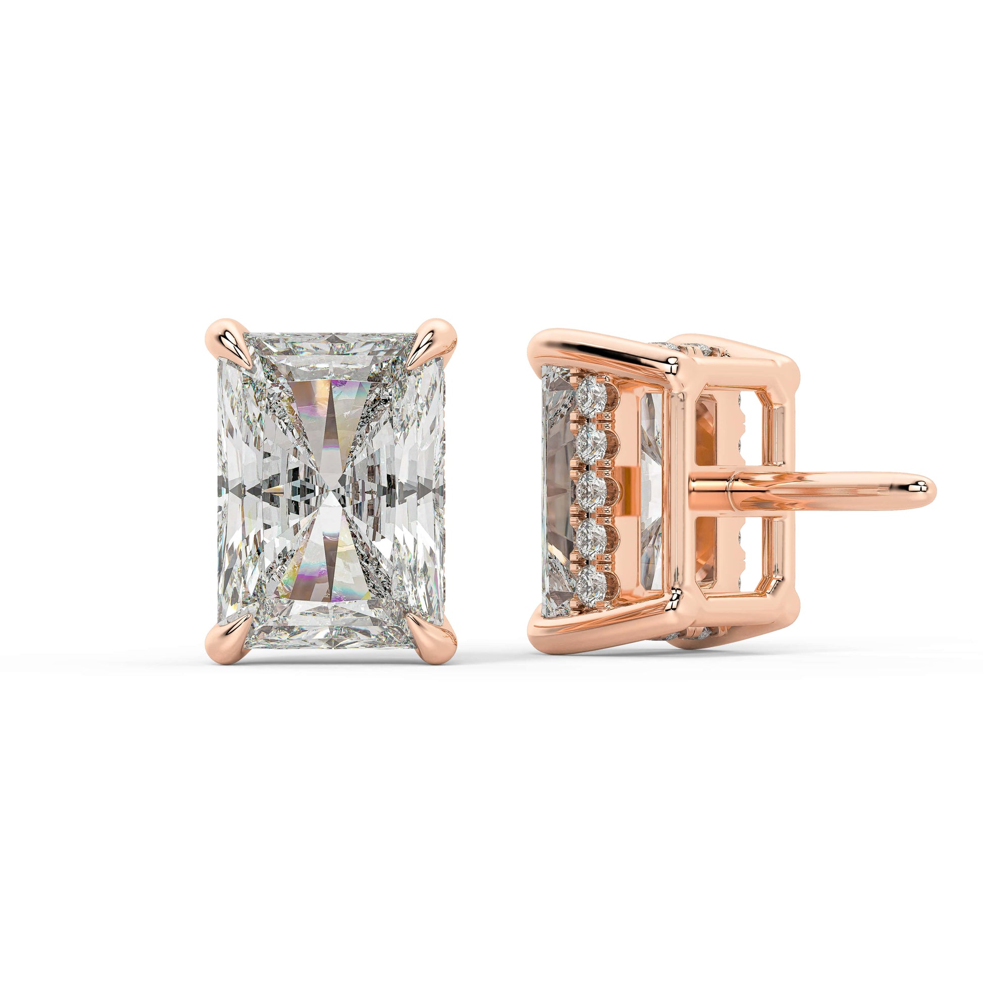 Back view of rose gold Radiant Hidden Halo earring with double notch backs ensuring all day ease for glow with current flair and forever appeal.