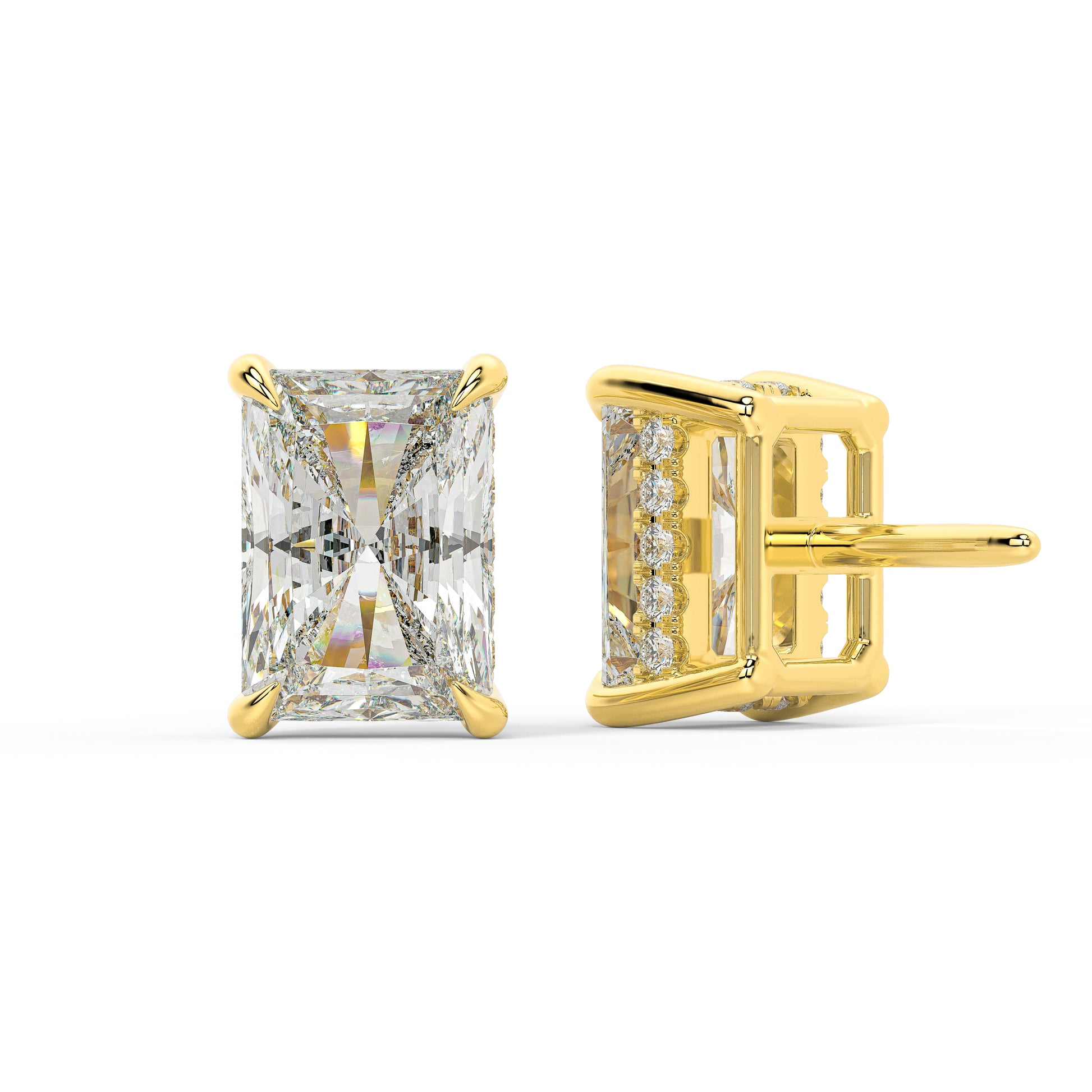 Yellow gold earrings with radiant-cut lab-grown diamonds and a hidden Pavé halo. These earrings are made-to-order, ensuring a high-quality finish for a personalized touch.