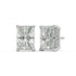 Angled view of white gold Radiant Hidden Halo earrings showing sleek four prong and hidden pave for VS plus clarity DEF color exceptional fire.