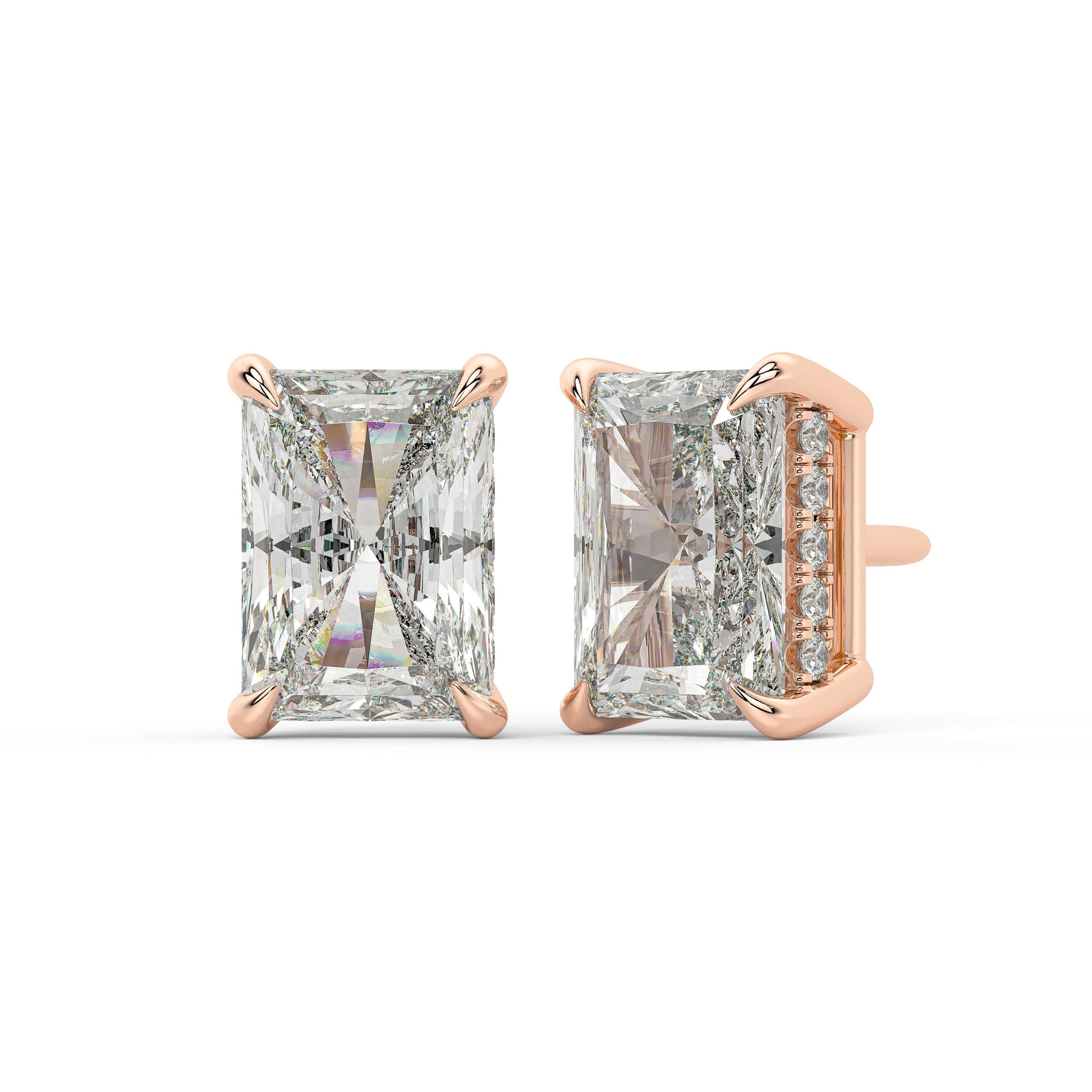 Angled view of rose gold Radiant Hidden Halo earrings displaying four prong anchor and concealed pave for responsible sourcing with top tier quality.