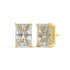 Angled view of yellow gold Radiant Hidden Halo earrings revealing four prong hold and pave halo unleashing extra brilliance for ethical radiance with net zero emissions.
