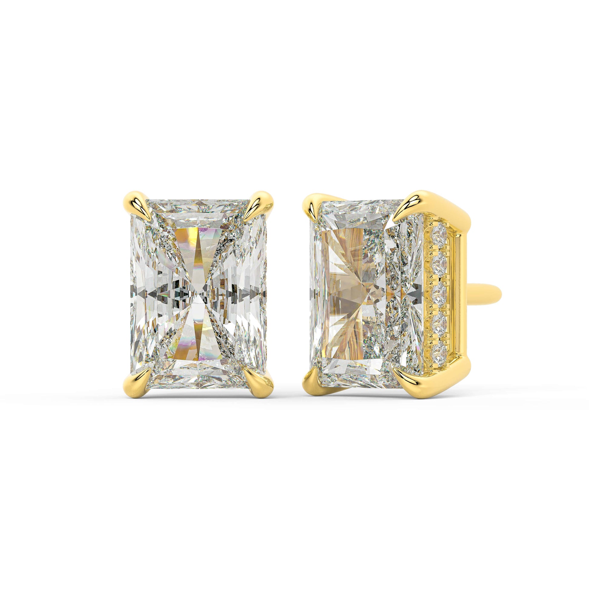 Angled view of yellow gold Radiant Hidden Halo earrings revealing four prong hold and pave halo unleashing extra brilliance for ethical radiance with net zero emissions.