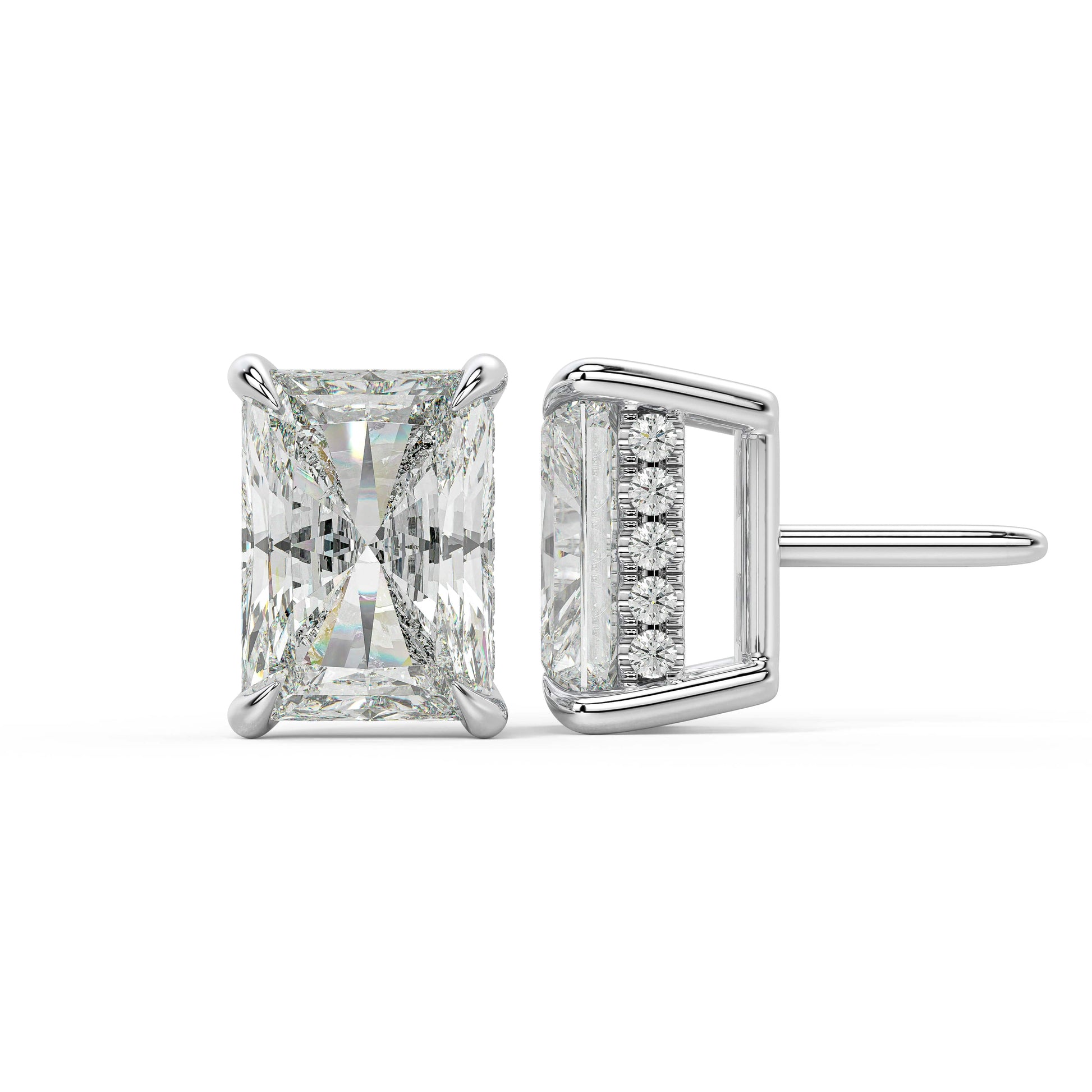 Side profile of white gold Radiant Hidden Halo stud illustrating post and side glow for allergy free whisper light super light design.
