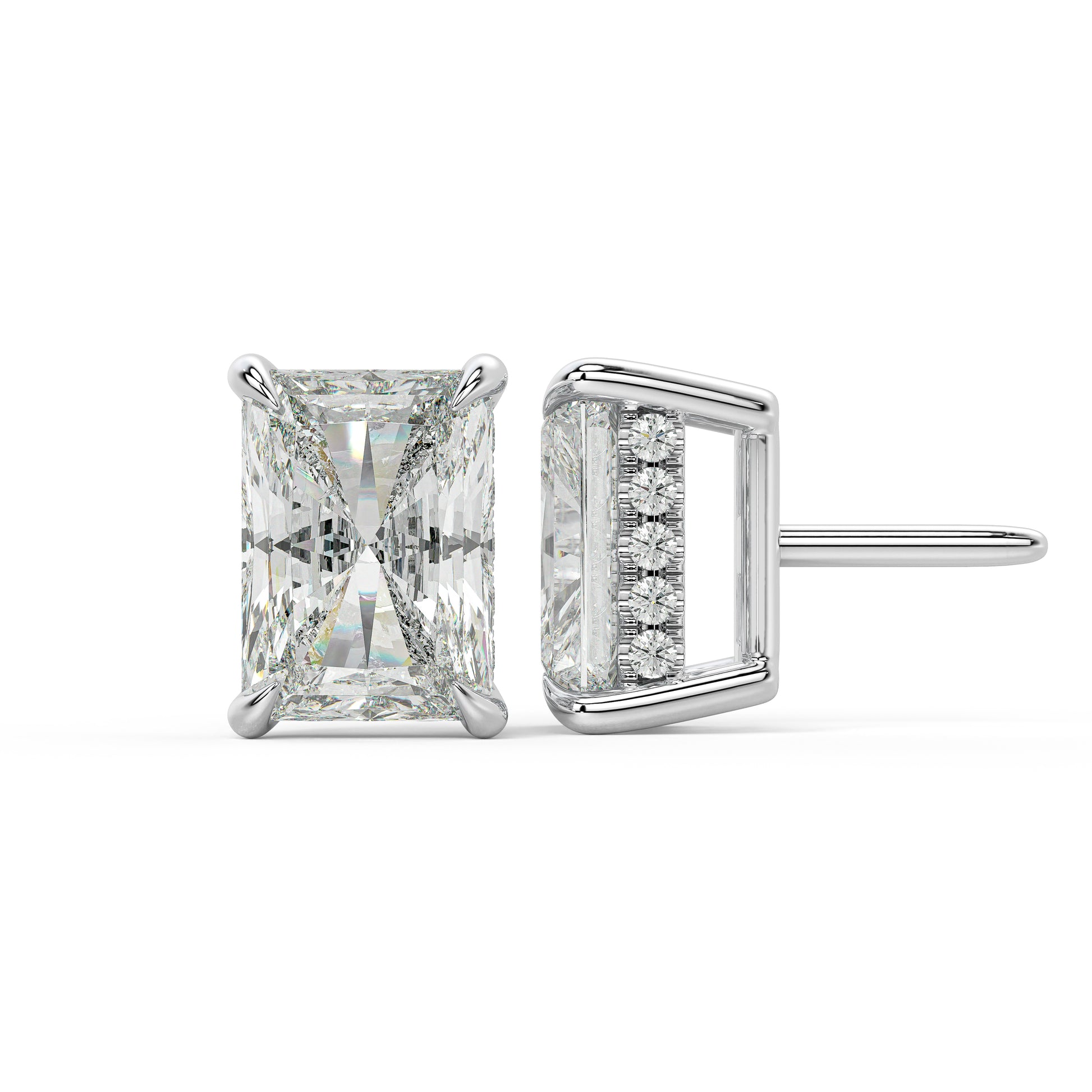 Polished white gold lab-grown diamond studs in a radiant shape with a hidden Pavé halo. The sleek bezel style protects the stone while highlighting its intense, brilliant sparkle.