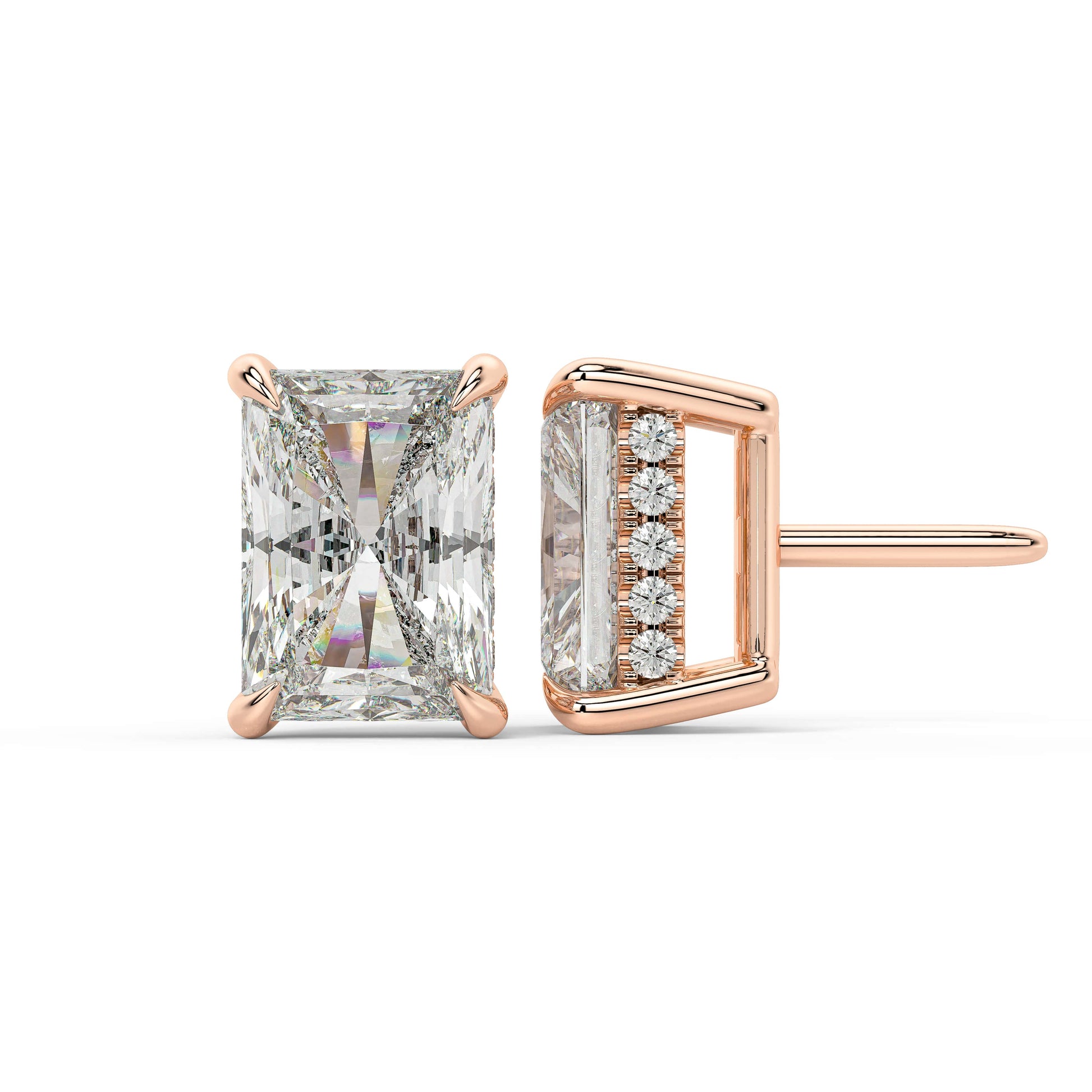 Side profile of rose gold Radiant Hidden Halo stud showing post length and depth enhancement for confident daily hold integrating flawlessly.