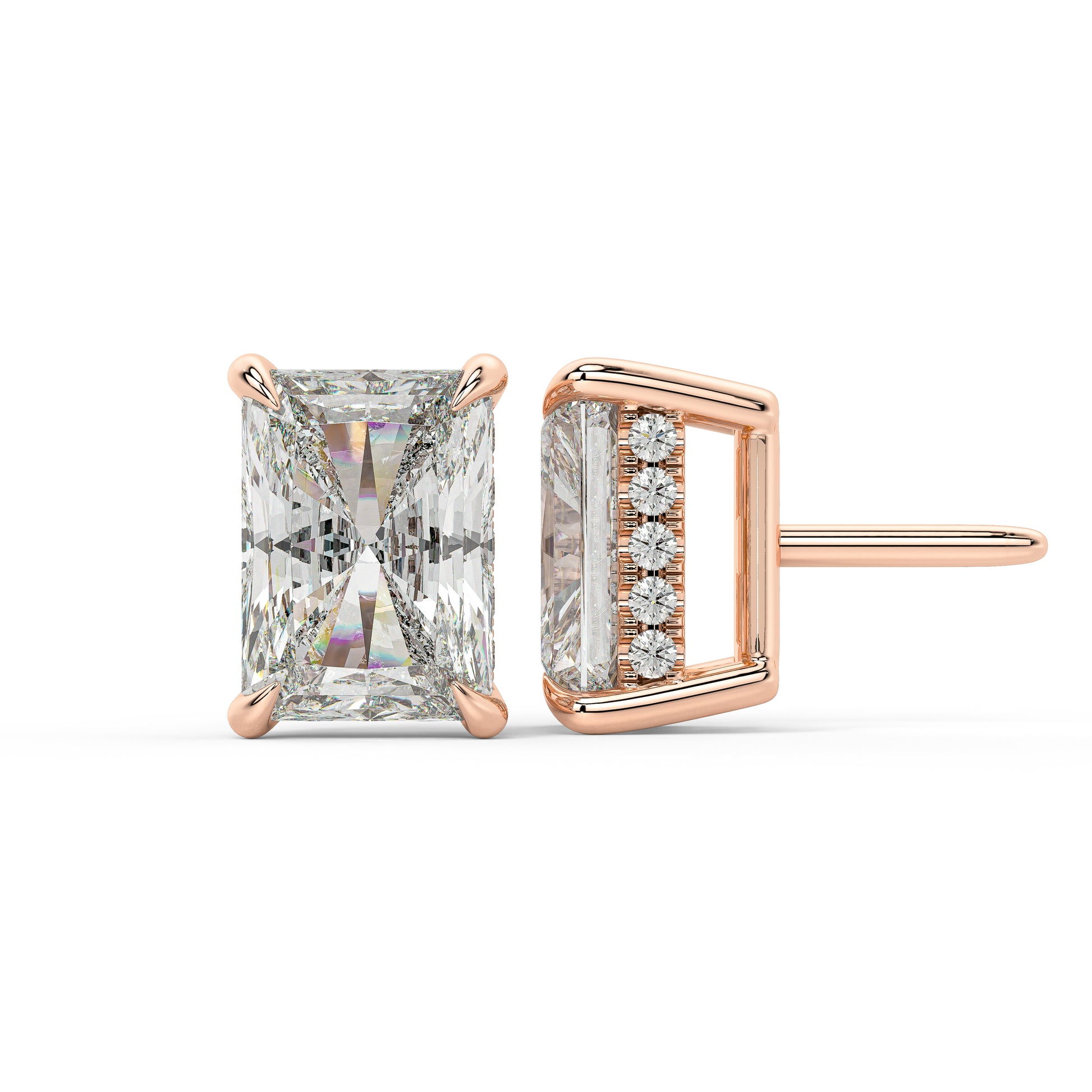 Rose gold radiant hidden halo studs featuring ethically sourced lab-grown diamonds. These earrings are polished to a high shine to complement the diamond's natural fire.