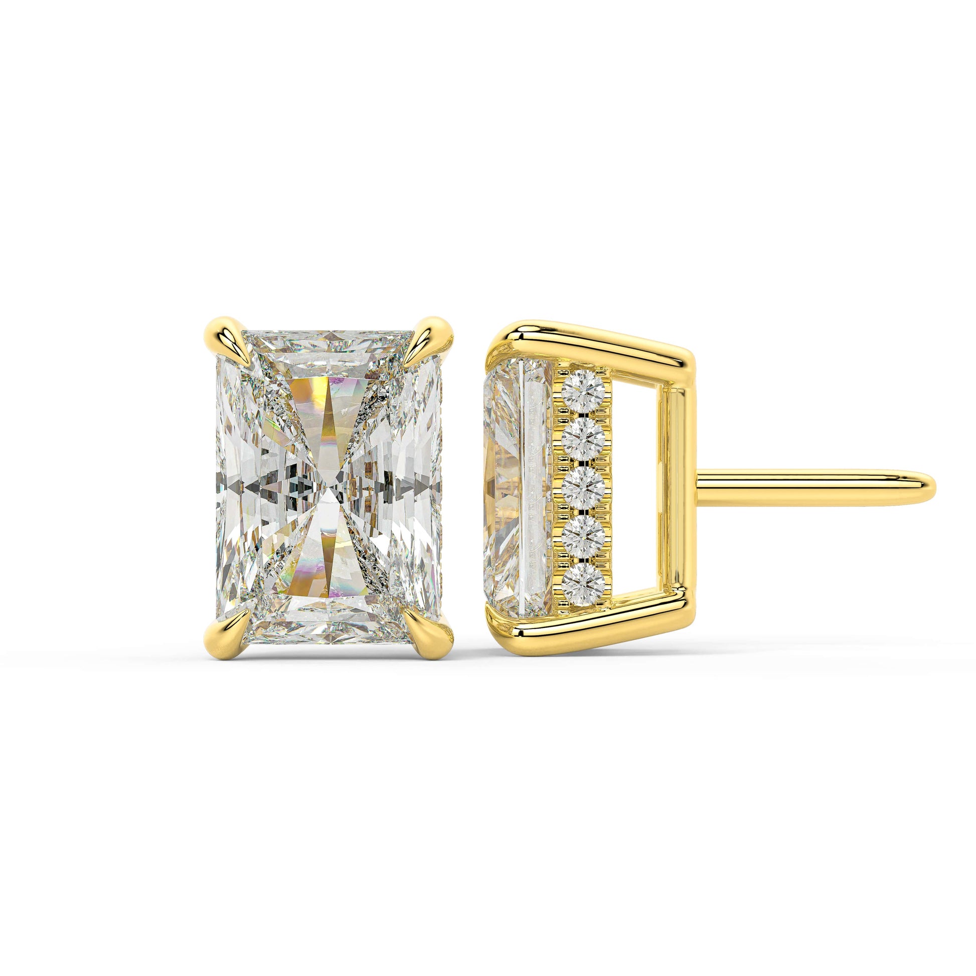 Side profile of yellow gold Radiant Hidden Halo stud displaying post length and concealed pave boost enhancing depth for whisper light confident daily hold.