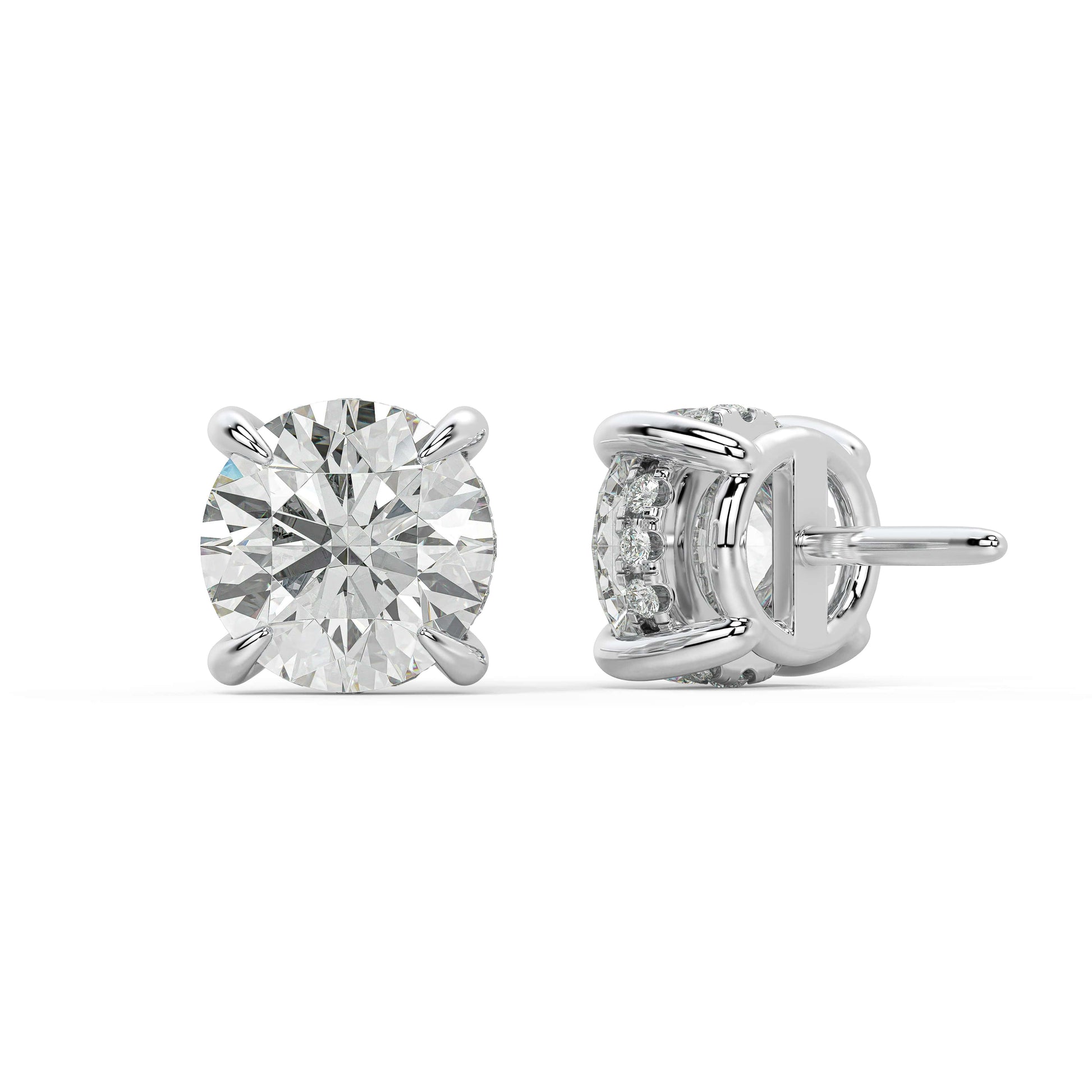 Rear view of white gold Round Hidden Halo earring highlighting double notch backs and zero emissions for signature sparkle that defines eternally.
