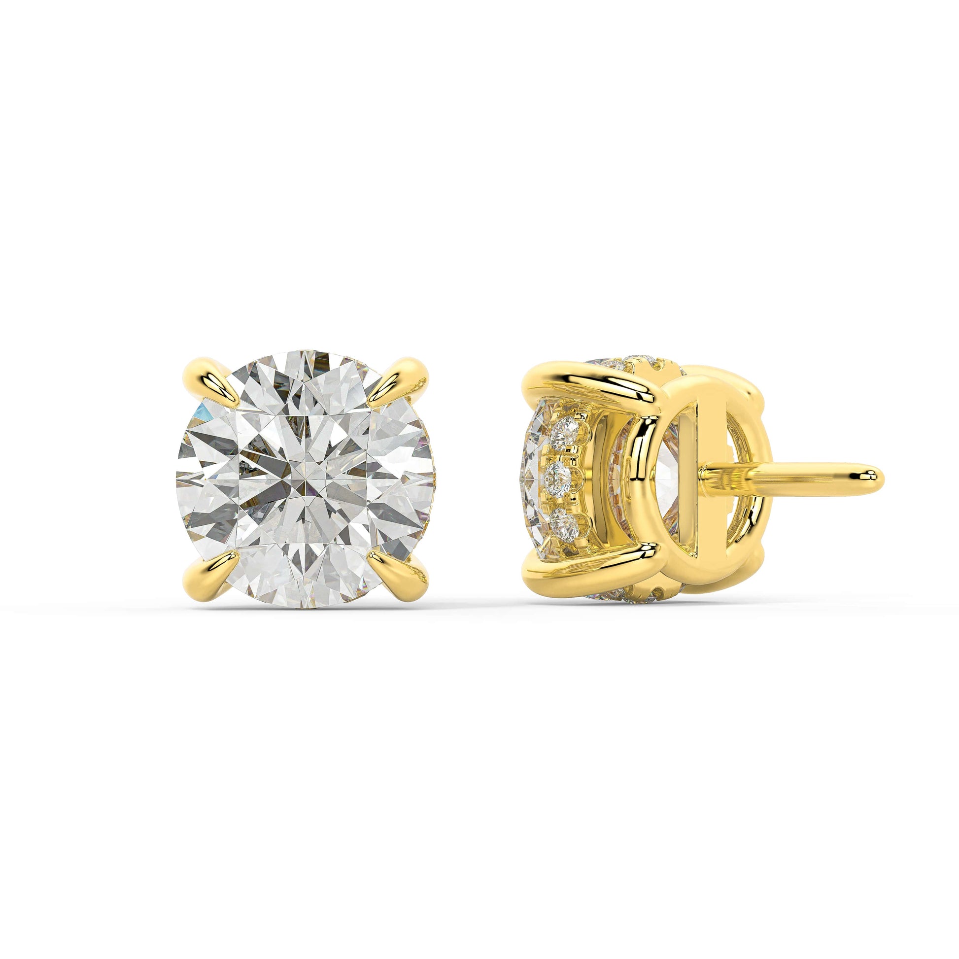 Back view of yellow gold Round Hidden Halo earring with double notch backs ensuring seamless comfort and refined daily wear from dawn to dusk.