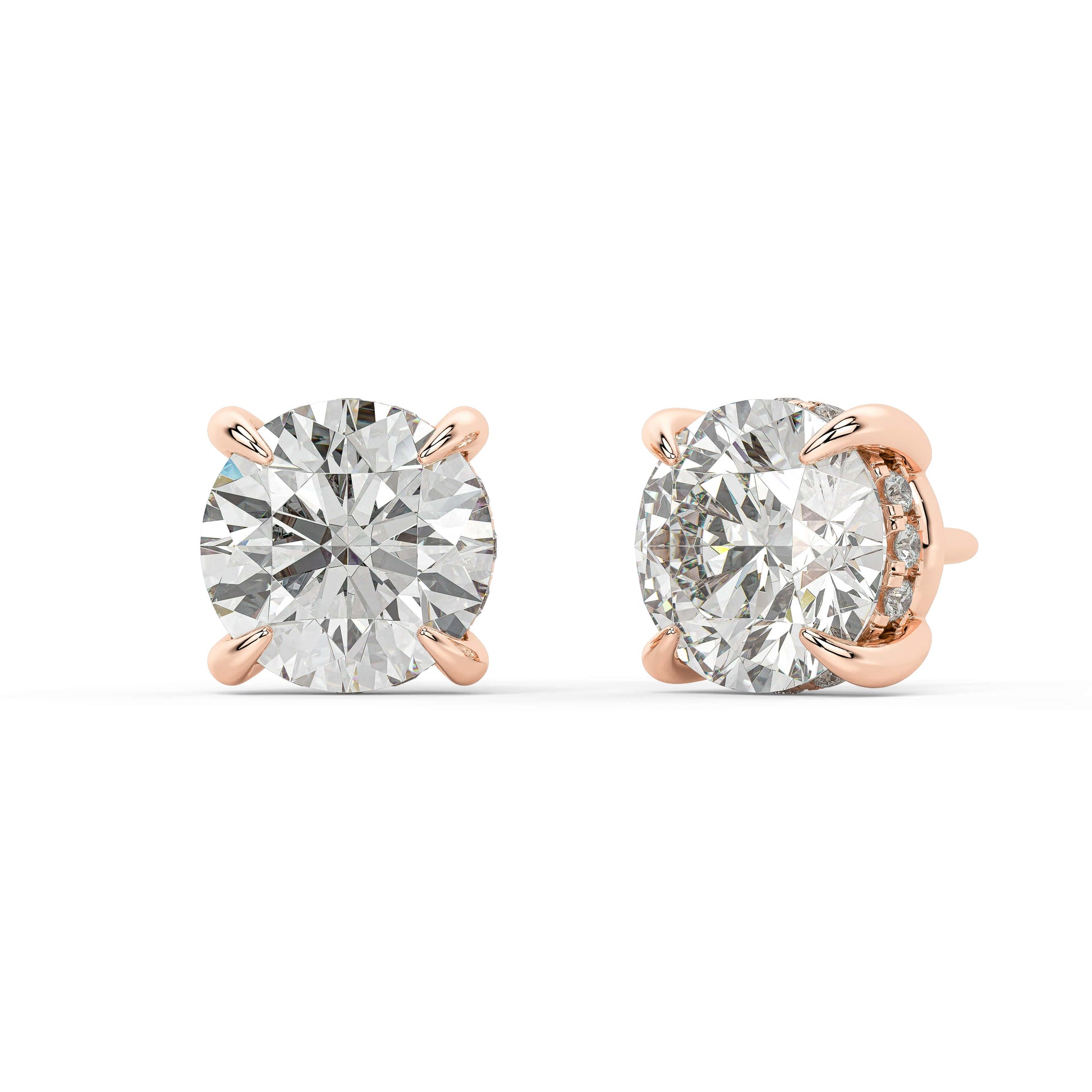 Angled perspective of rose gold Round Hidden Halo earrings displaying four prong secure and hidden pave for unmatched fire and ethical luxury.