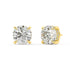 Angled view of yellow gold Round Hidden Halo earrings revealing four prong setting and hidden pave halo adding dimension and shine from every perspective.