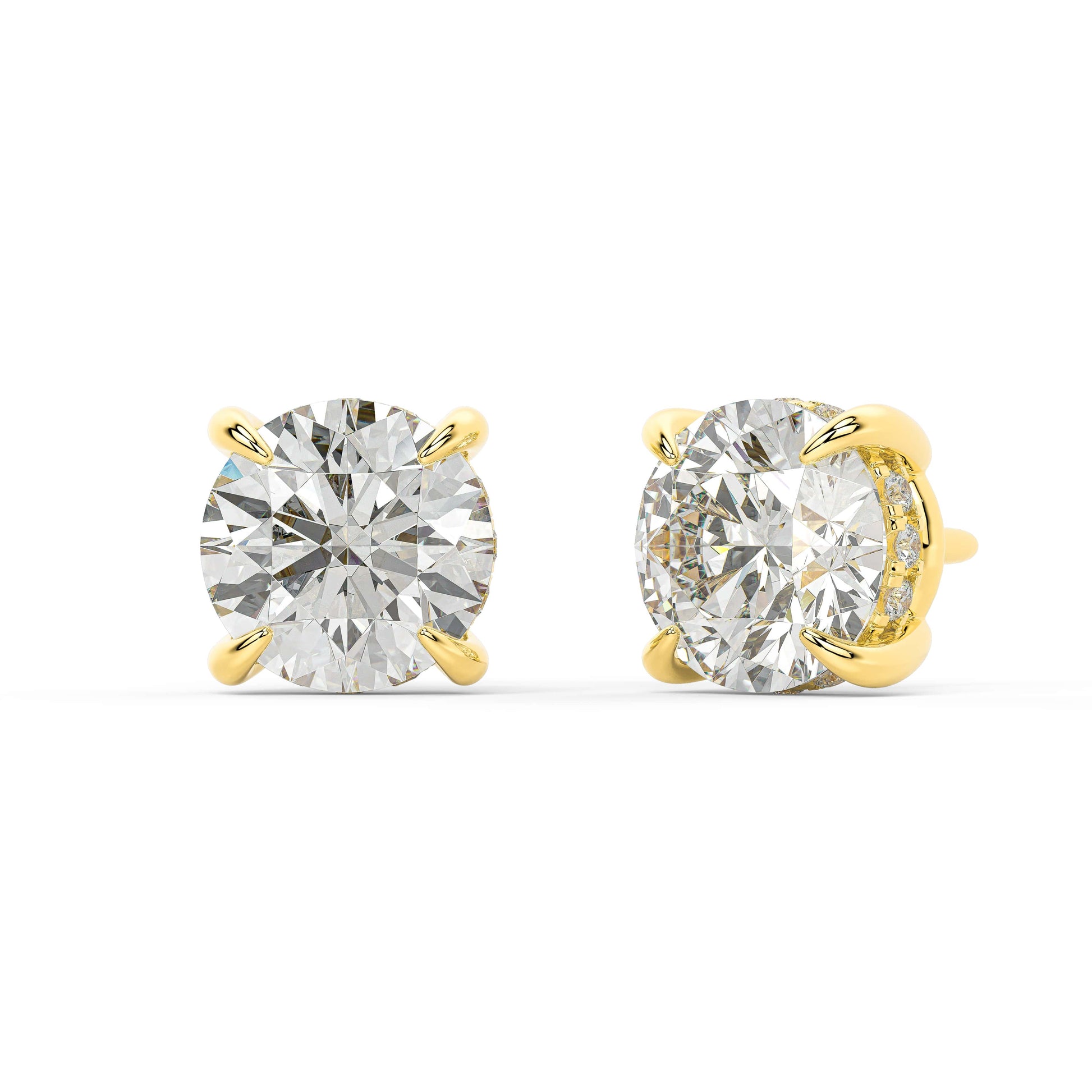 Angled view of yellow gold Round Hidden Halo earrings revealing four prong setting and hidden pave halo adding dimension and shine from every perspective.