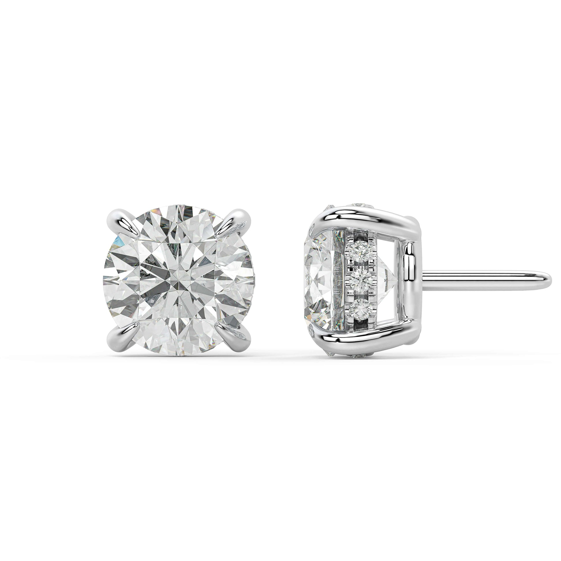 Side shot of white gold Round Hidden Halo stud illustrating post and added dimension for hypoallergenic ultralight dependable comfort all day.