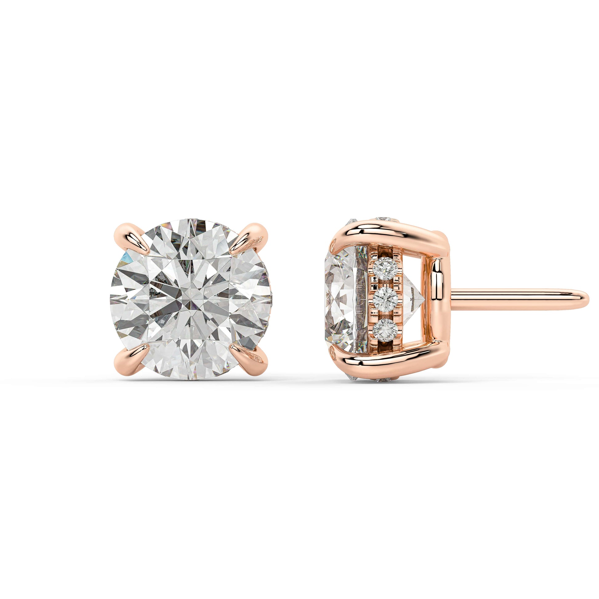 Profile view of rose gold Round Hidden Halo stud showing post thickness and shine from every angle for ultralight seamless daily integration.