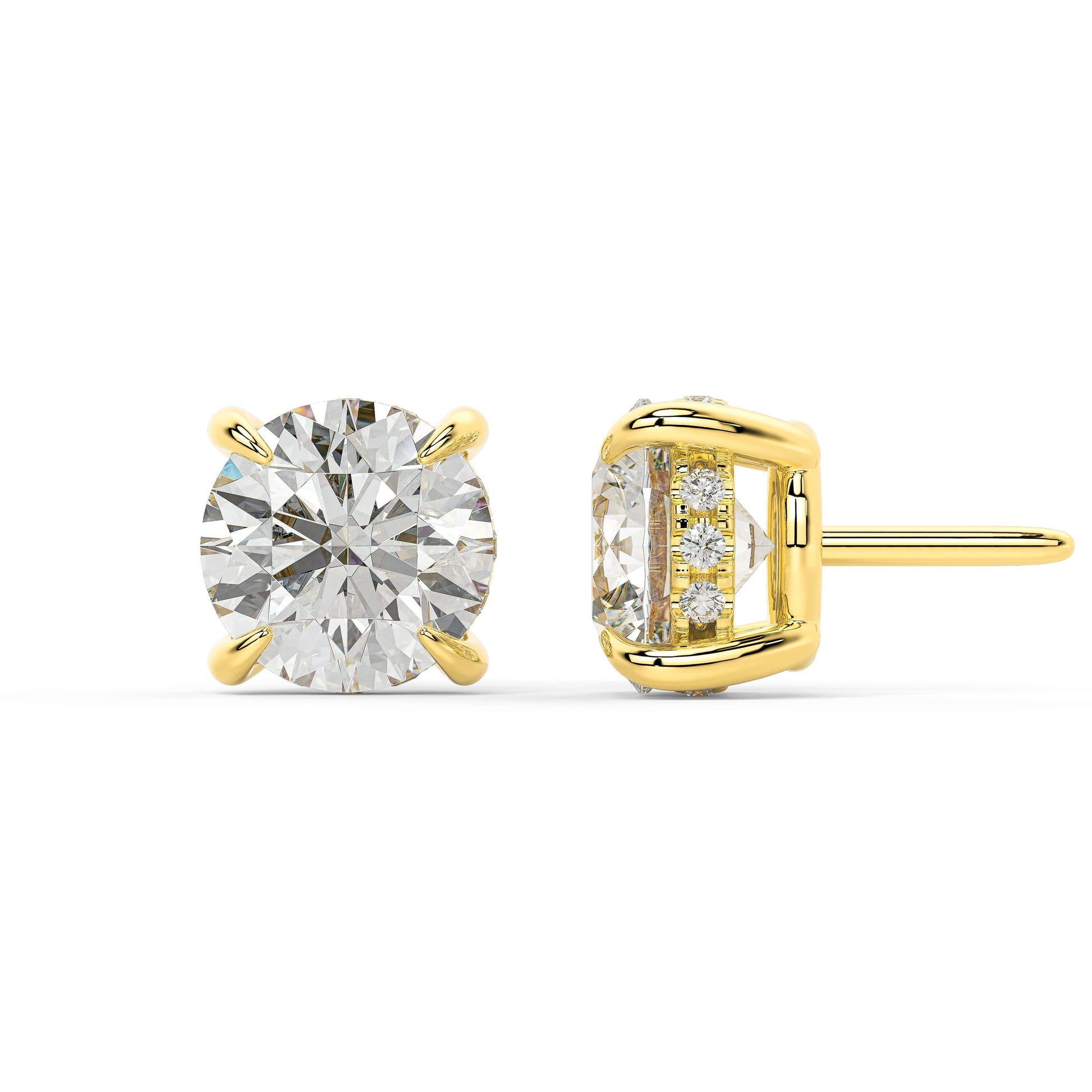 Side profile of yellow gold Round Hidden Halo stud displaying post length and concealed pave for unmatched brilliance with ethical innovation and net zero emissions.
