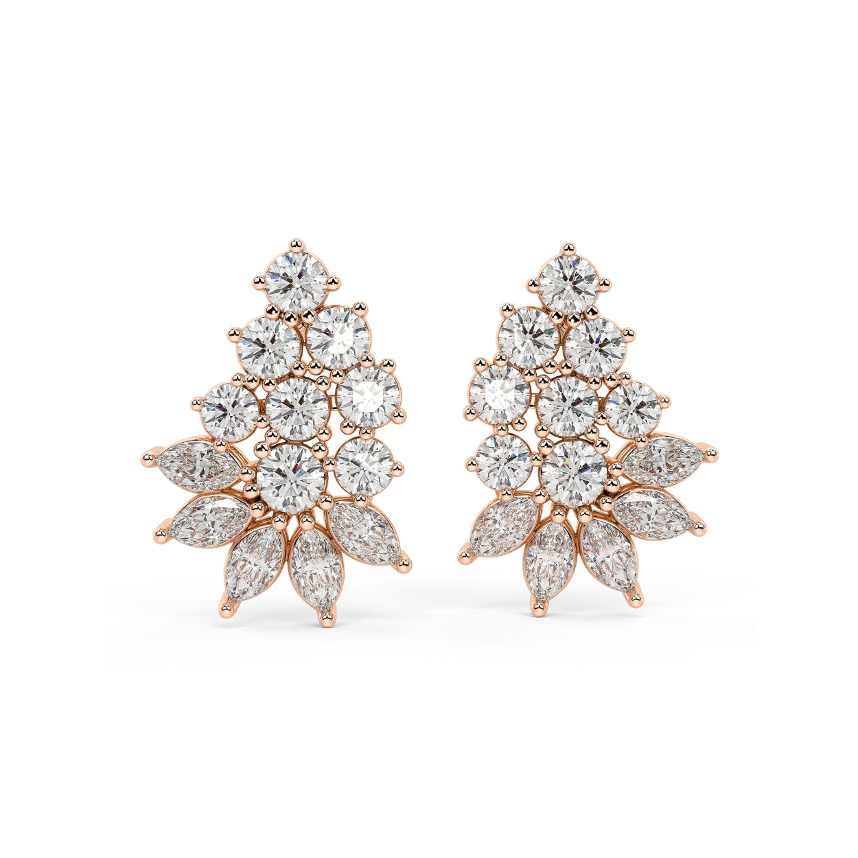 Rose gold marquise and round diamond cluster stud earrings front view pair, lab grown floral tiered design with pear petals, romantic rose gold diamond earrings