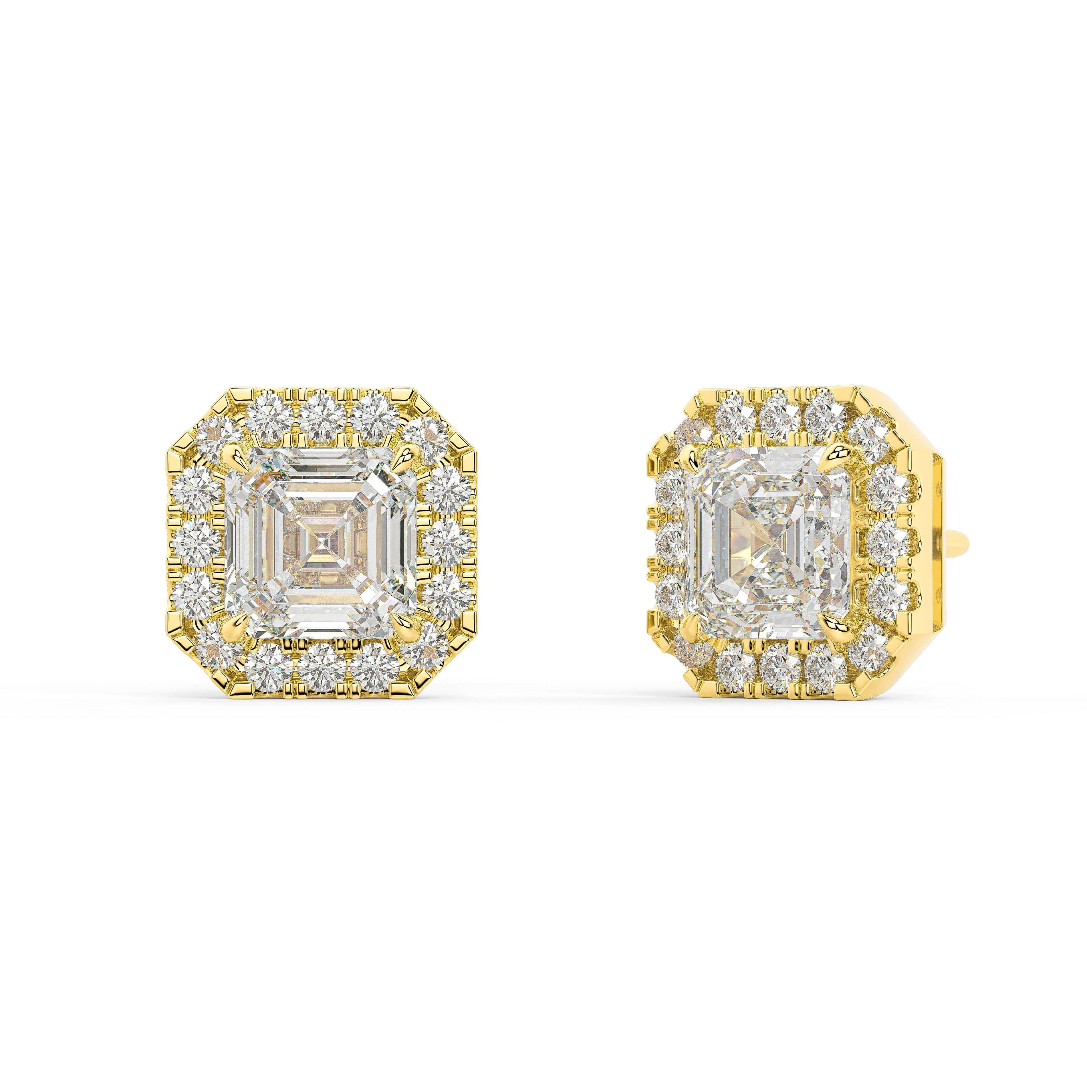 Angled view of yellow gold Asscher Halo earrings revealing prong setup and fine halo scattering endless sparkles for timeless balance with fresh flair and big visual wow.