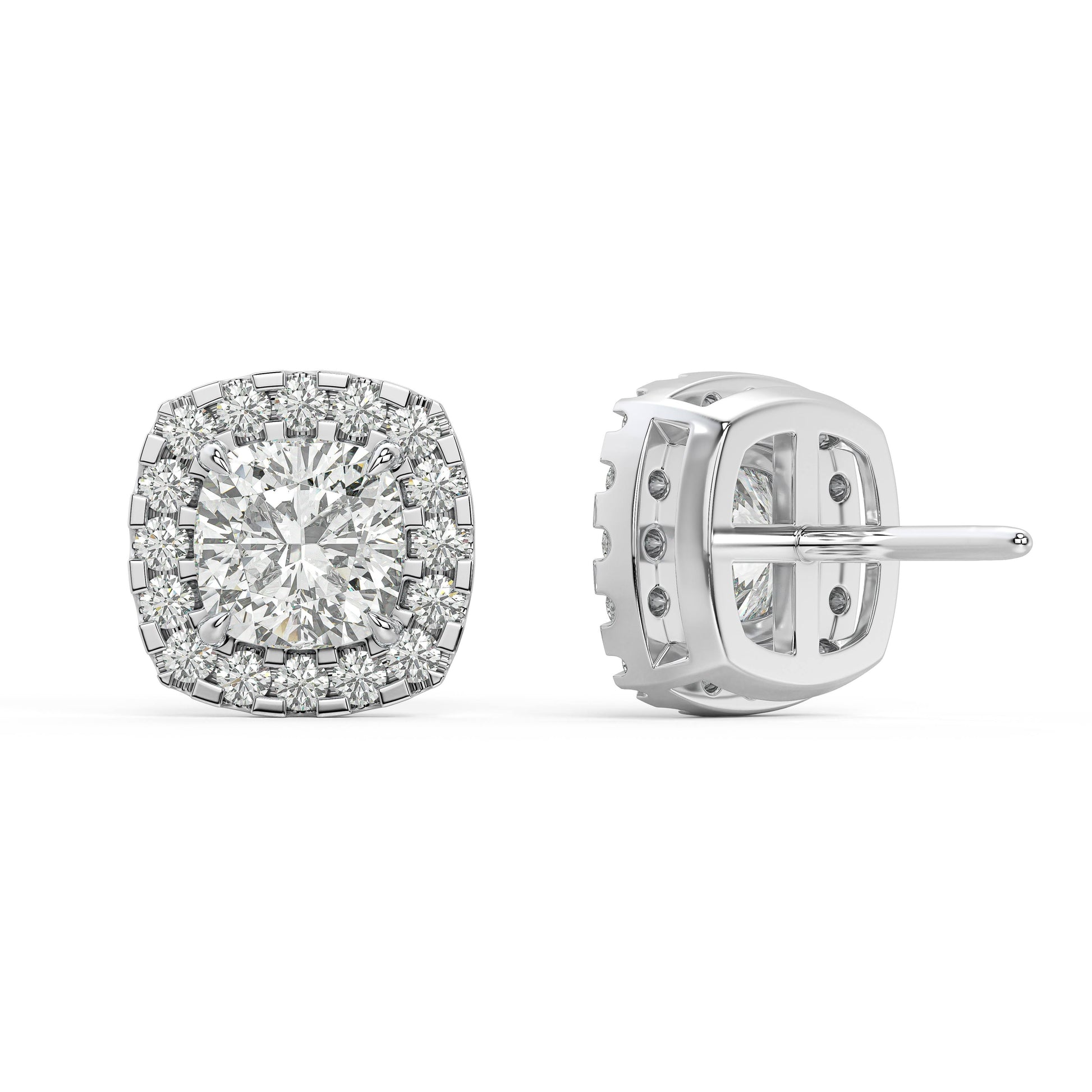 Back view of white gold Cushion Halo earring highlighting double notch backs for gentle yet commanding shine allergy free ultralight effortless daily hold.