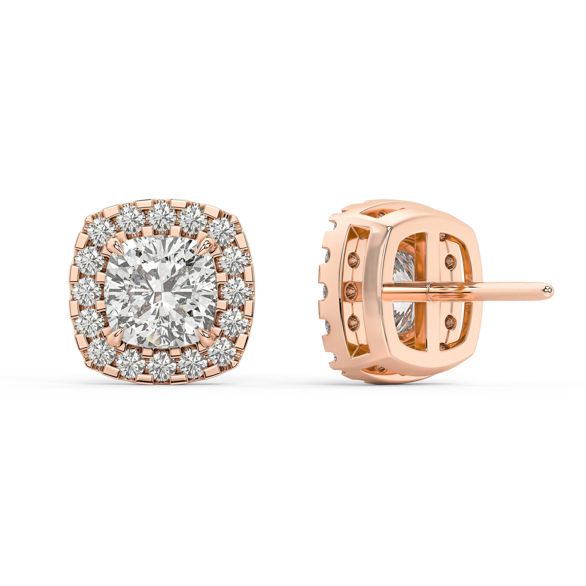 Back view of rose gold Cushion Halo earring with double notch backs guaranteeing comfort that lasts for zero impact premium preserving the planet.