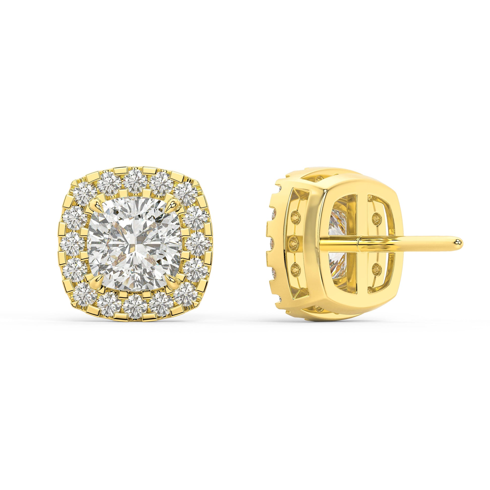 Back view of yellow gold Cushion Halo earring with double notch backs locking in comfort that lasts allergy free ultralight for zero impact premium elite stones.