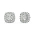 Angled view of white gold Cushion Halo earrings showing prong hold and halo with VS plus clarity DEF color 34 green gems for visual punch in slim profile.