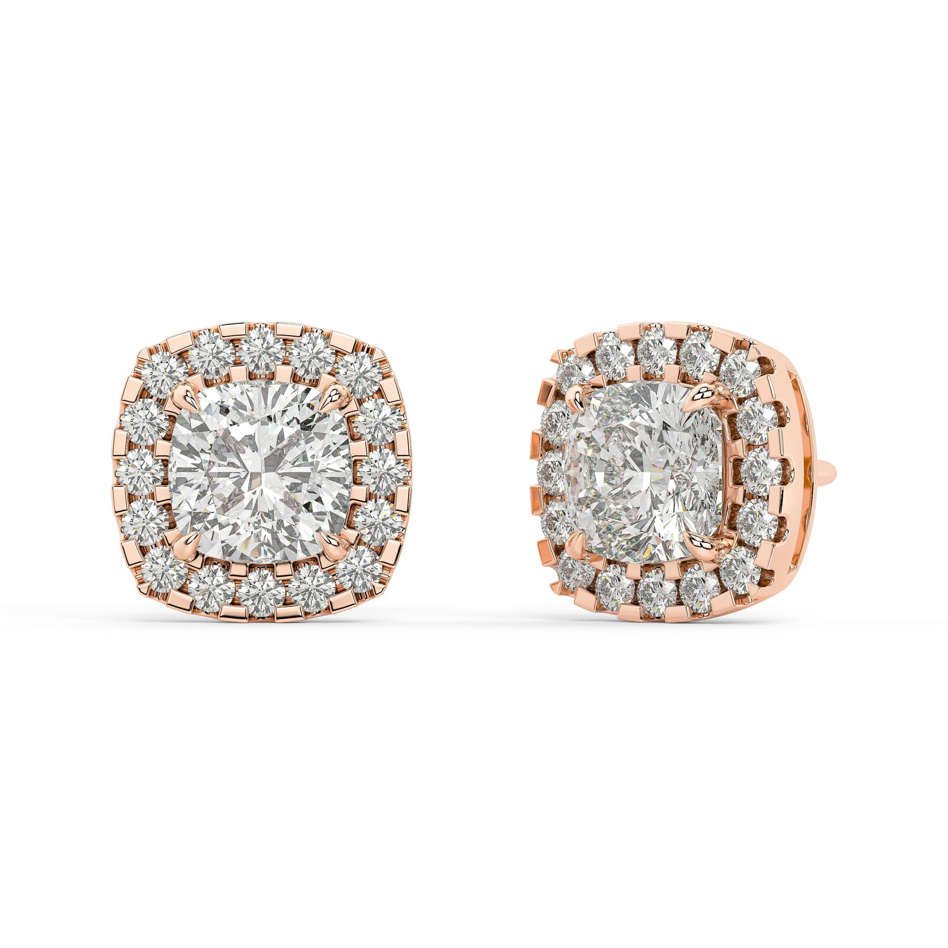 Angled view of rose gold Cushion Halo earrings displaying prong setup and subtle halo for 34 green gems ethical 360 shimmer without trade offs.