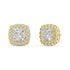 Angled view of yellow gold Cushion Halo earrings revealing prong setup and subtle halo delivering visual punch with 34 green gems from net zero emission sources for effortless daily hold.