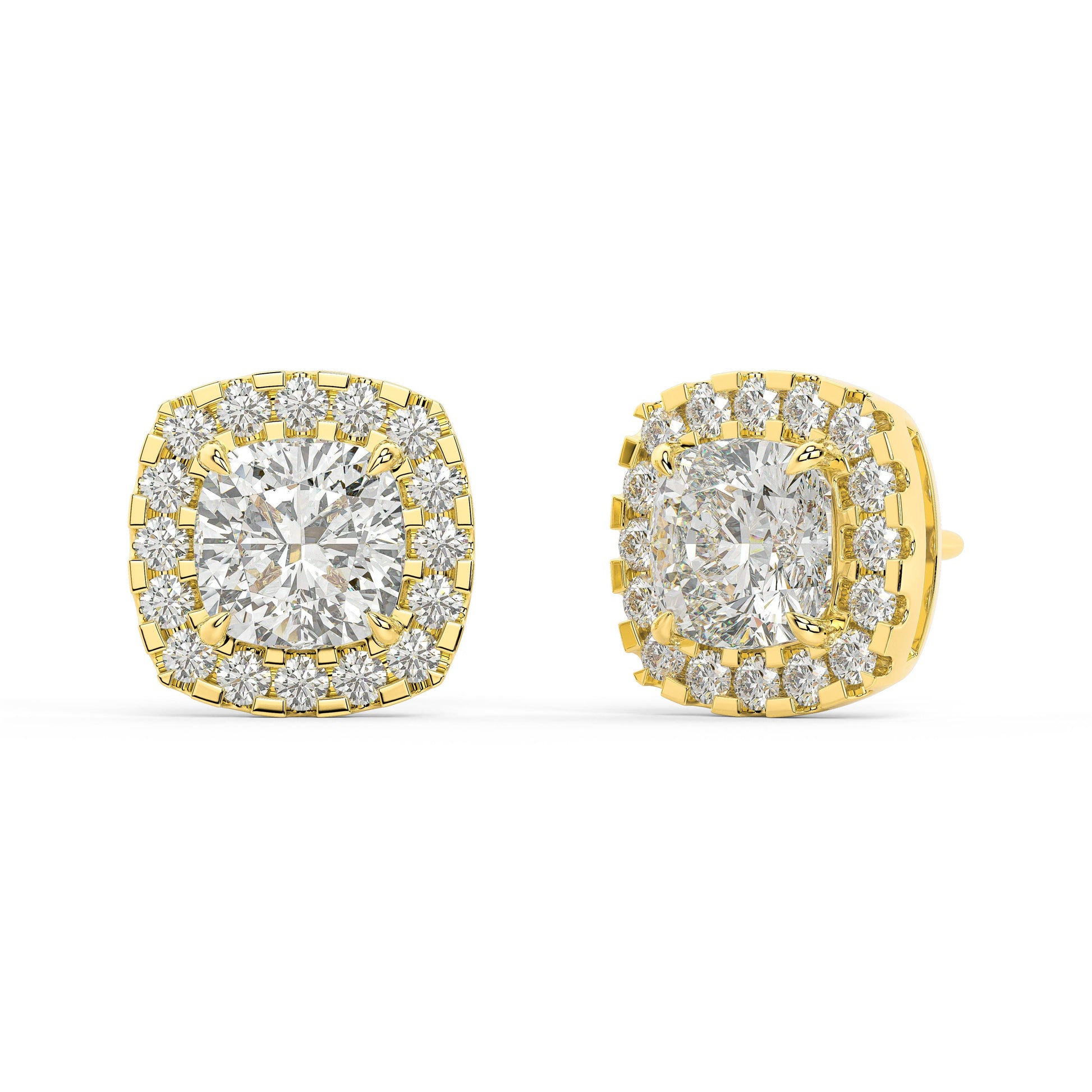 Angled view of yellow gold Cushion Halo earrings revealing prong setup and subtle halo delivering visual punch with 34 green gems from net zero emission sources for effortless daily hold.