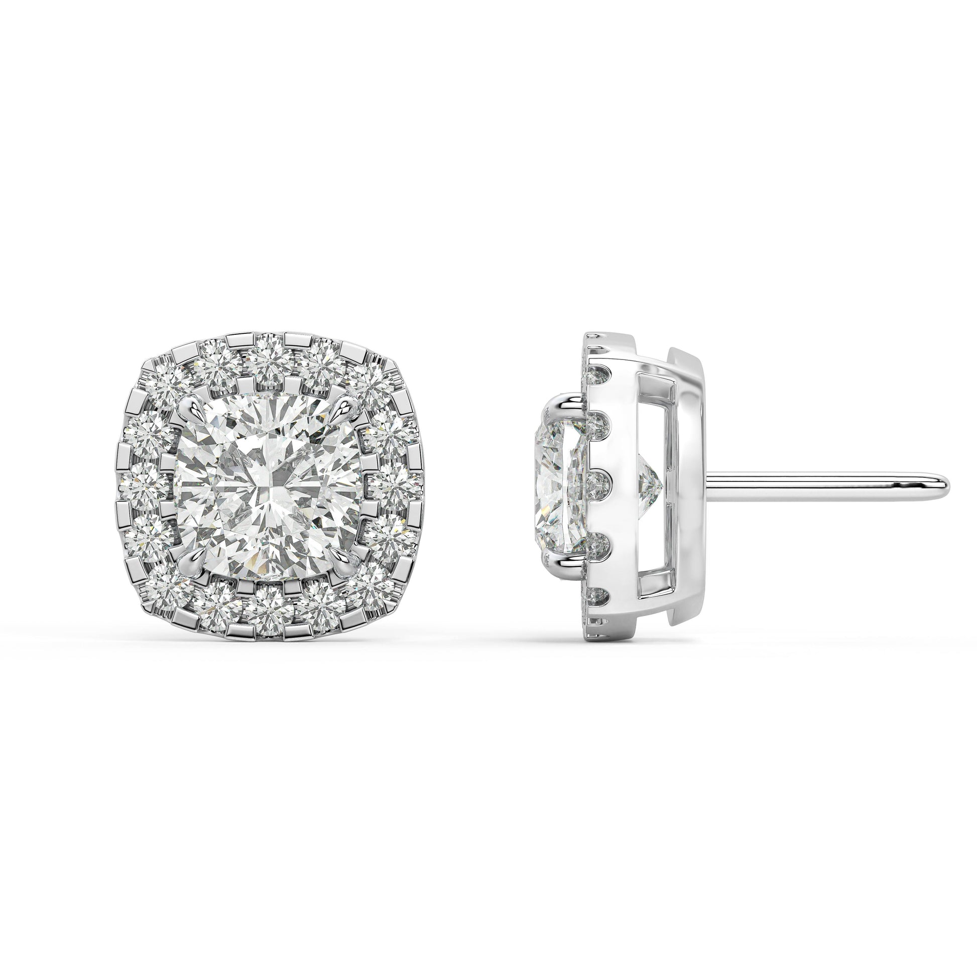 Side profile of white gold Cushion Halo stud illustrating post and shimmer for ultralight low profile with smart basket celebrating special days or upgrading routine.