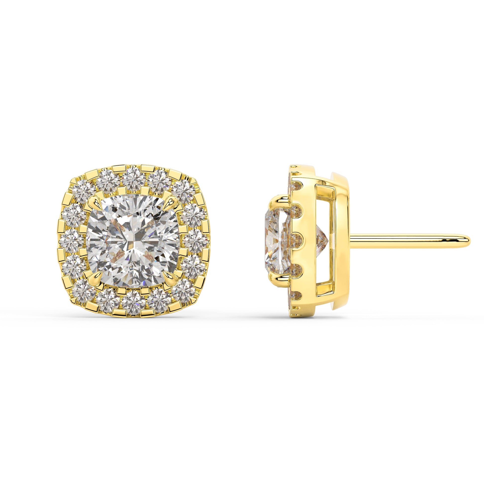Side profile of yellow gold Cushion Halo stud displaying post length and 360 shimmer for slim ultralight build with strong backs guaranteeing nonstop comfort and security.