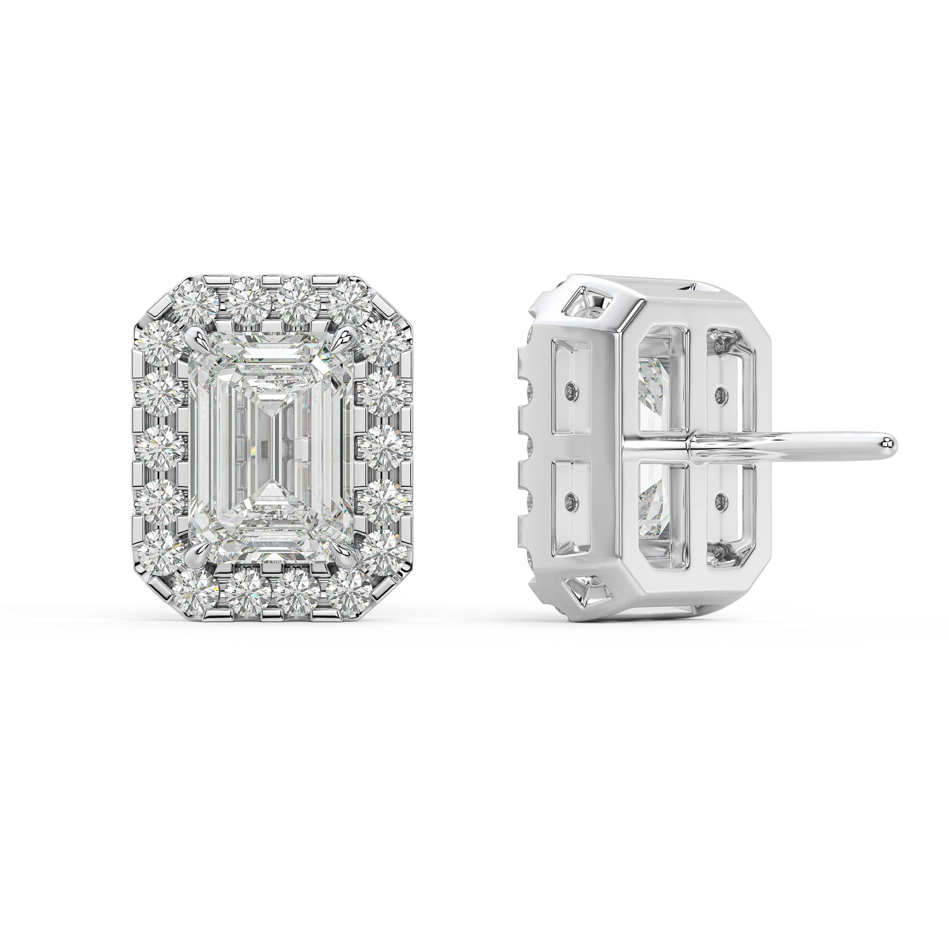 Back view of white gold Emerald Halo earring highlighting double notch backs for allergy free whisper light secure shine enduring in net zero luxury.