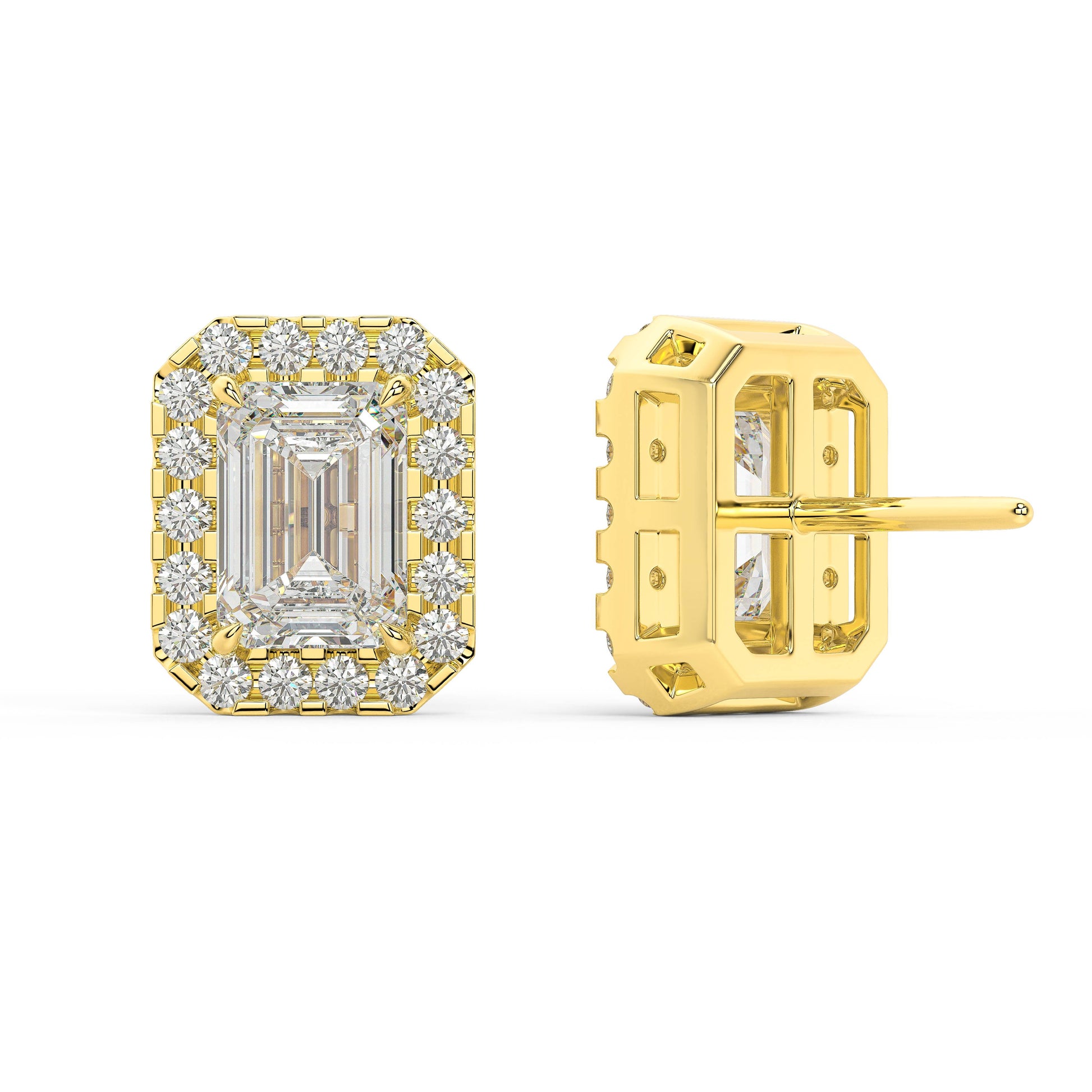 Back view of yellow gold Emerald Halo earring with double notch backs anchoring secure shine that endures allergy free whisper light for net zero luxury preserving our world.