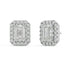 Angled view of white gold Emerald Halo earrings showing prong hold and halo with elite VS plus clarity DEF color 34 lab grown diamonds sourced via zero emission tech for unmatched depth.