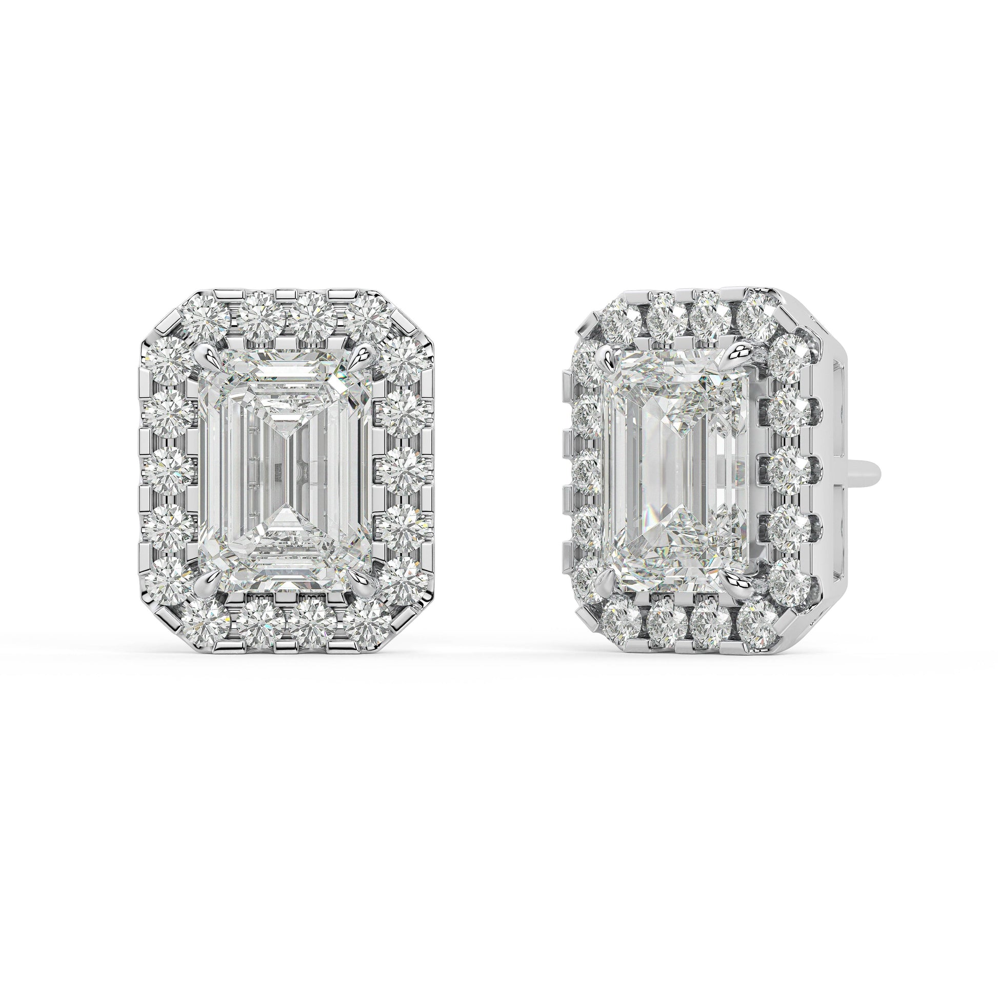 Angled view of white gold Emerald Halo earrings showing prong hold and halo with elite VS plus clarity DEF color 34 lab grown diamonds sourced via zero emission tech for unmatched depth.